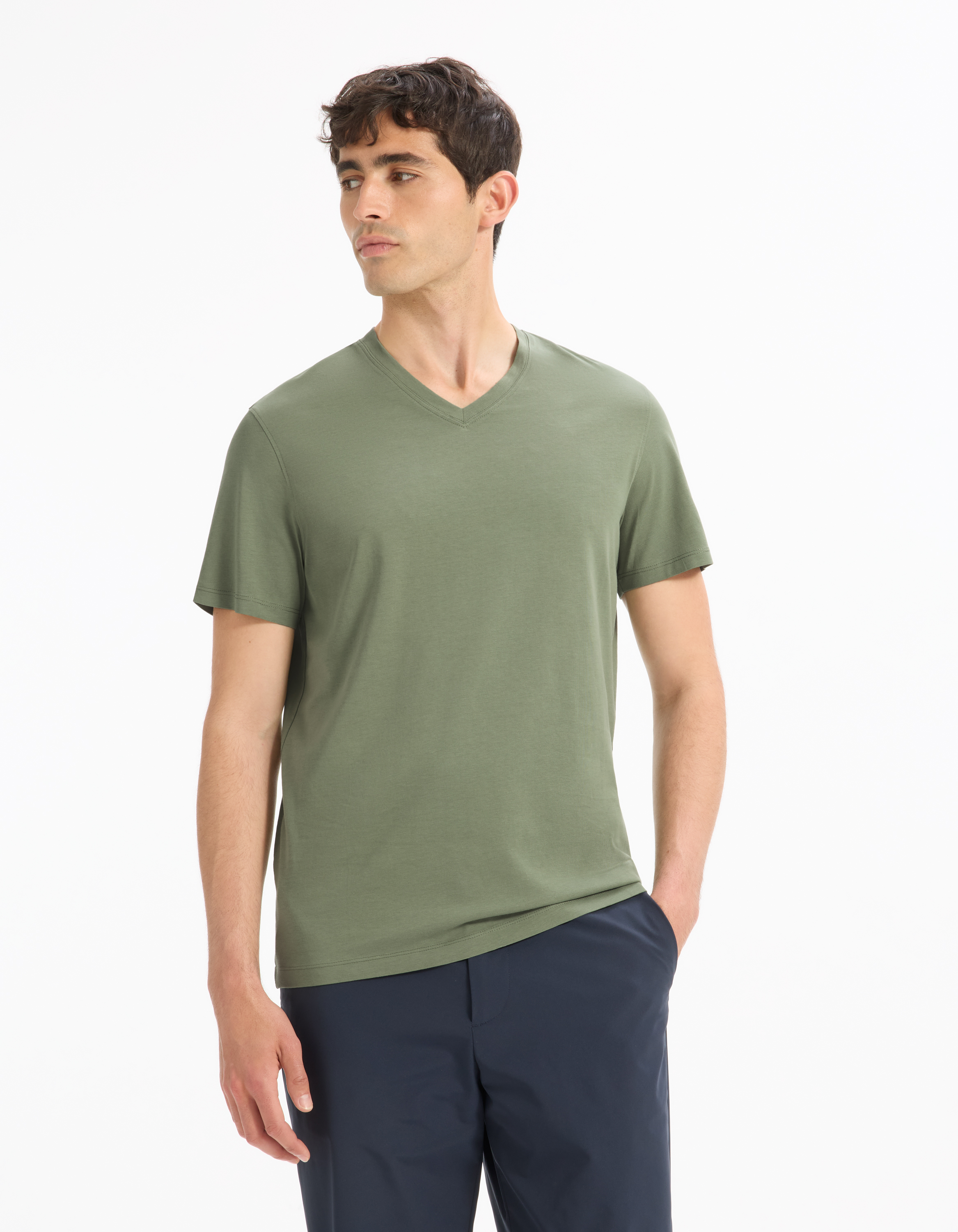 T-shirt straight col v 100% coton - vert - camaieu - Modalova