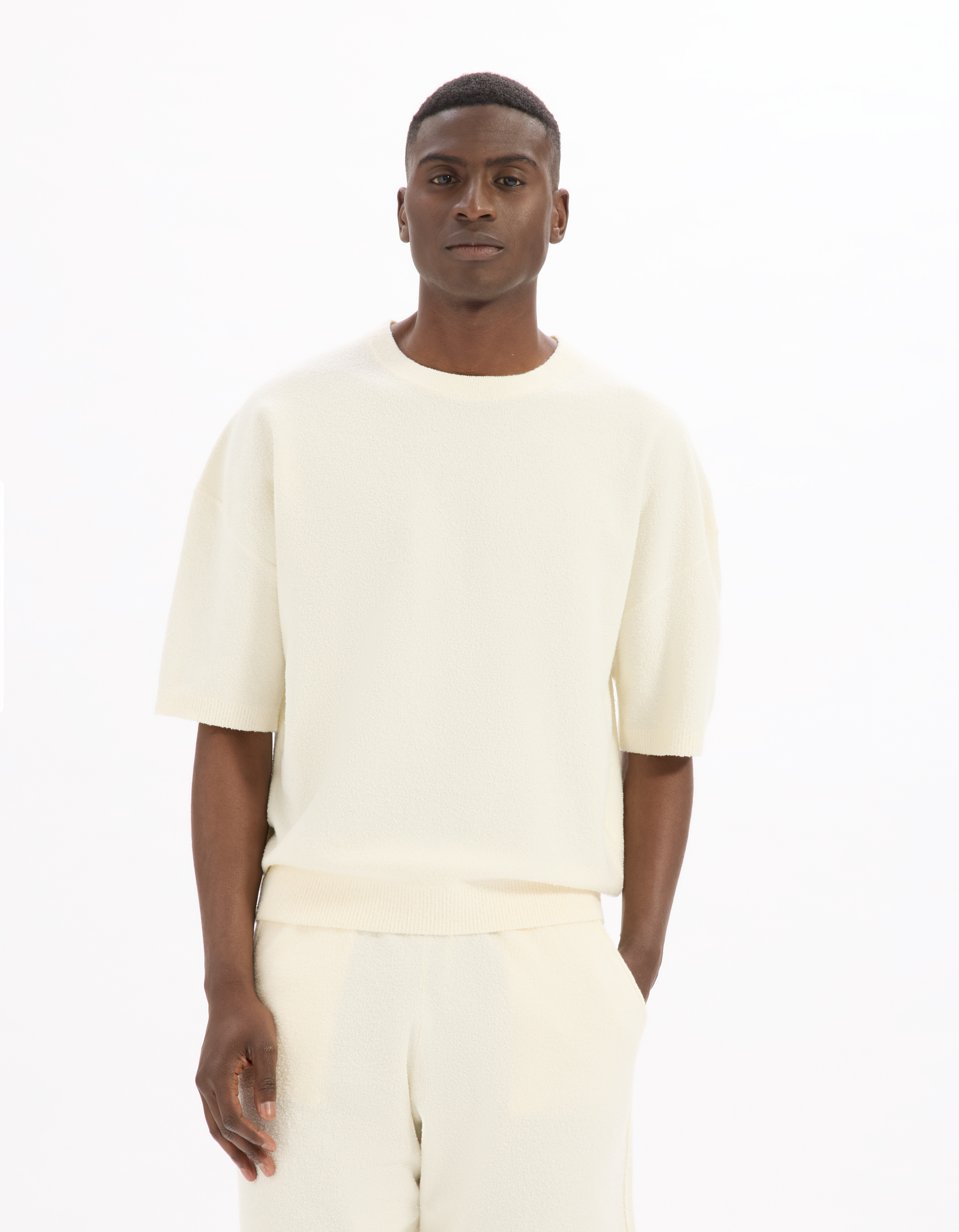 T-shirt boxy col rond en maille bouclée - écru - camaieu - Modalova