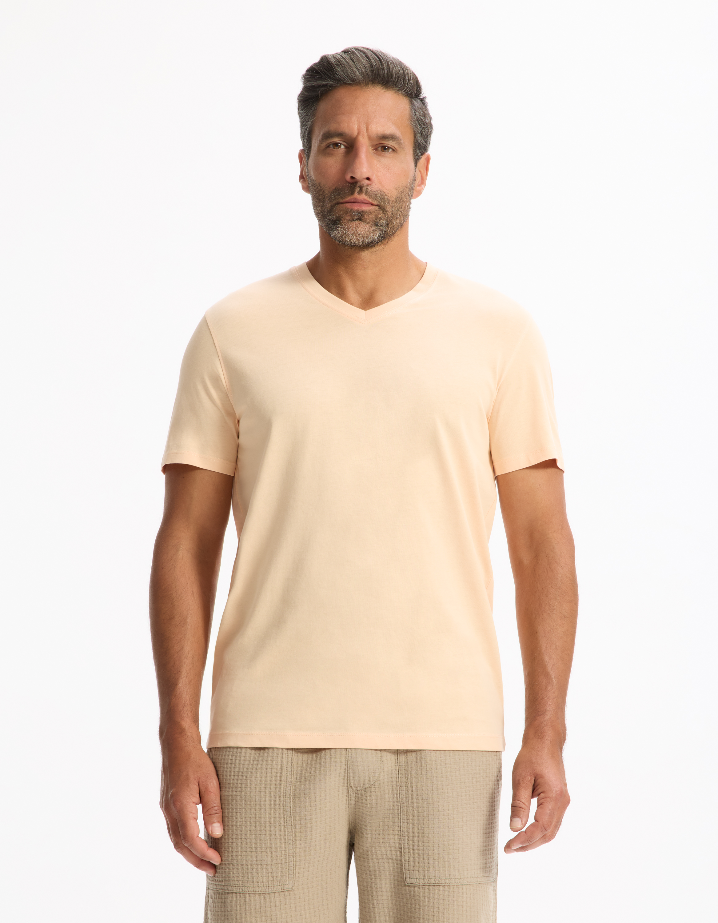 T-shirt straight col v 100% coton - orange - camaieu - Modalova