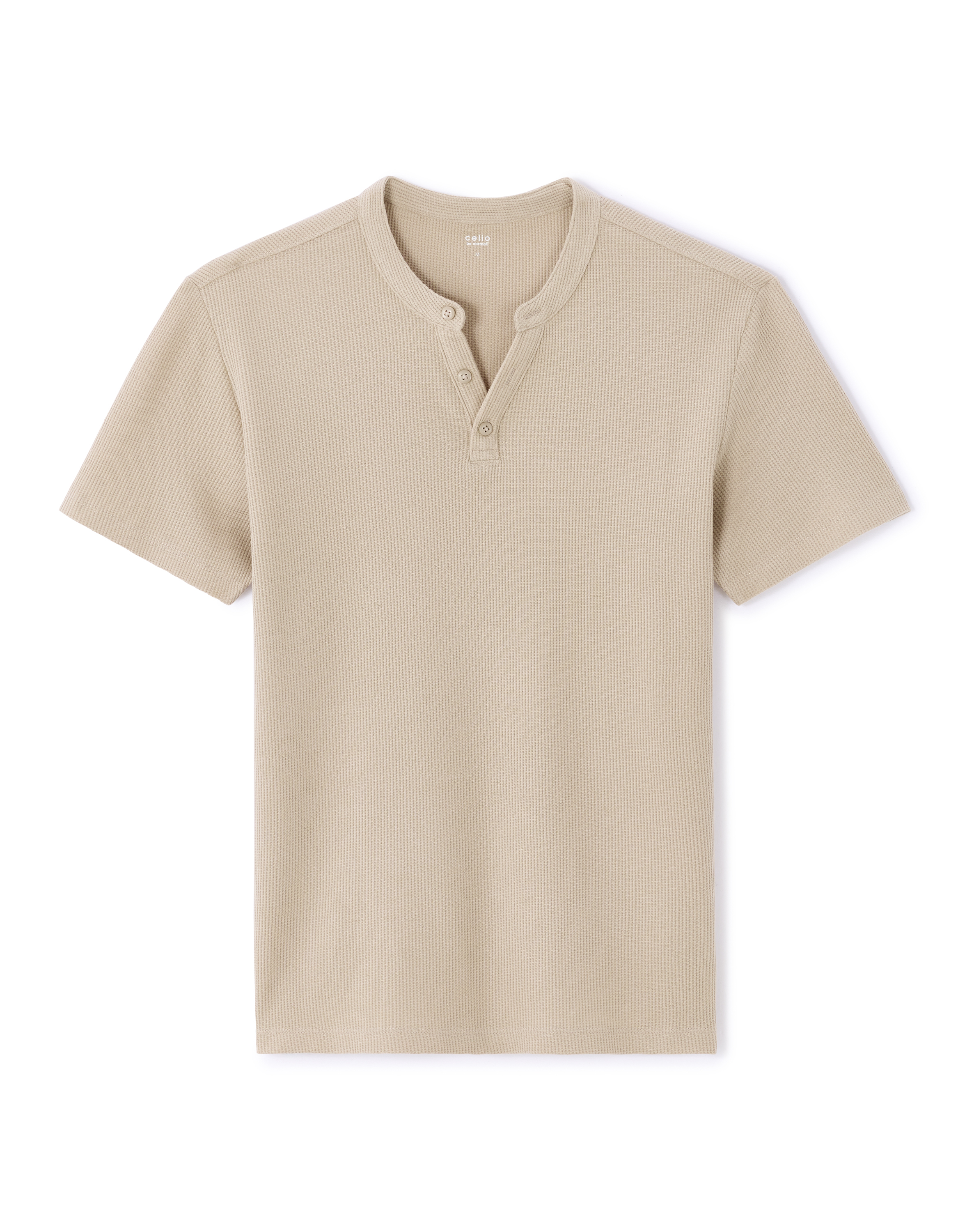 T-shirt regular col Henley gaufré 100% coton - sand