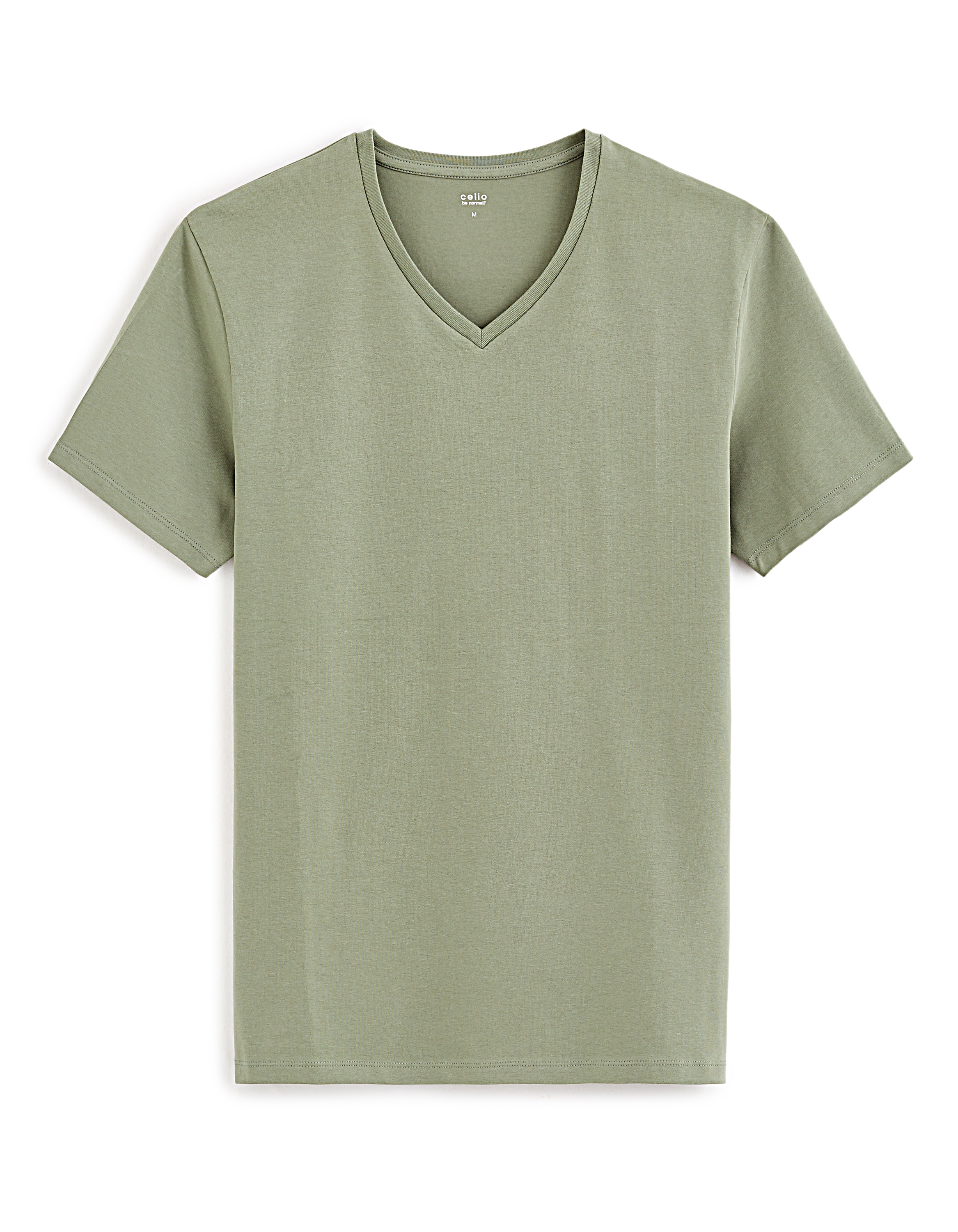 T-shirt slim col V en coton stretch - kaki