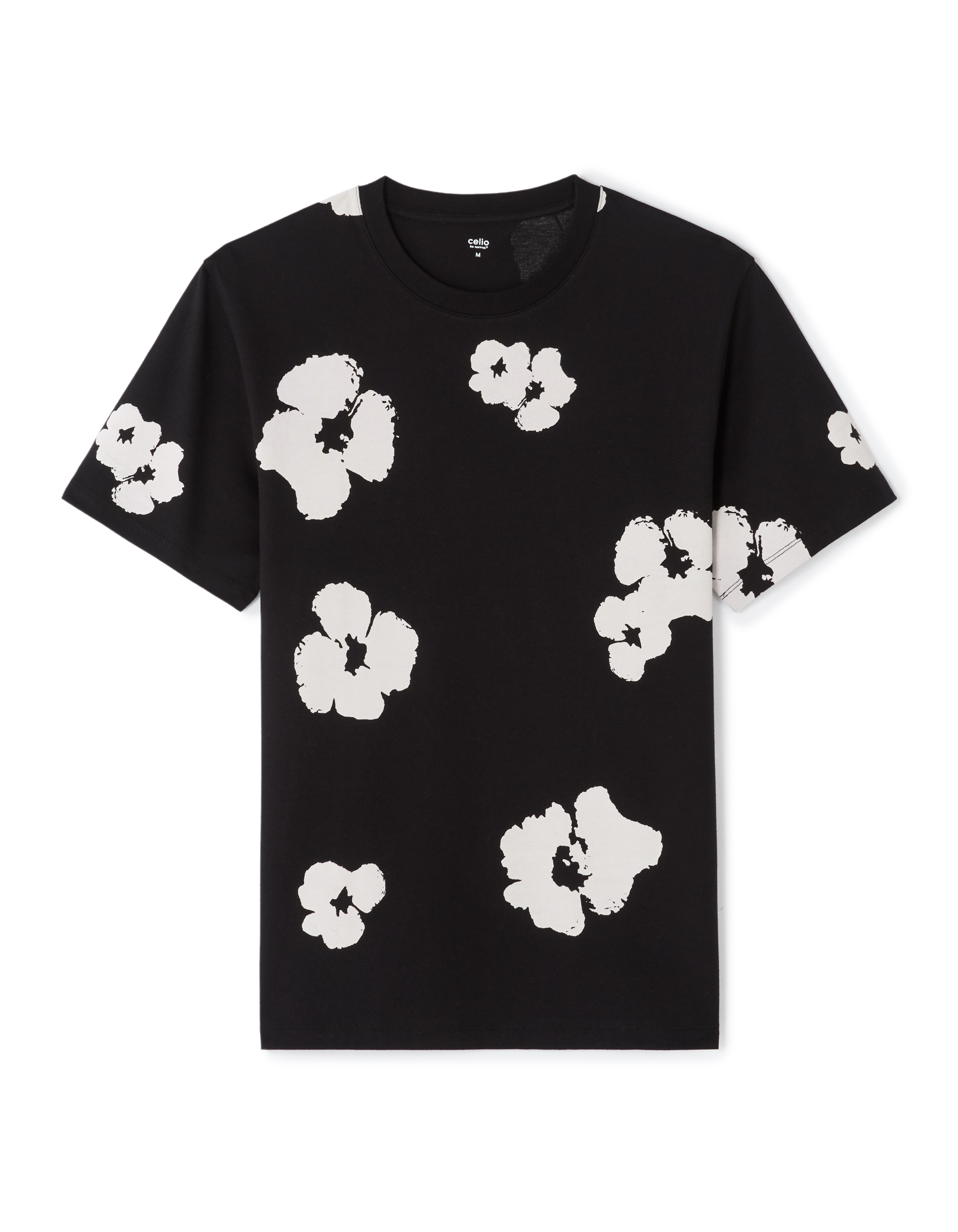 T-shirt boxy col rond 100% coton imprimé fleurs - noir