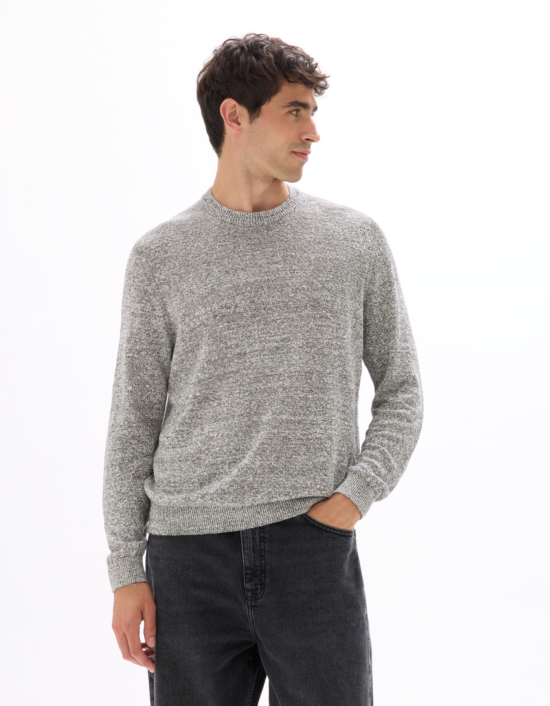 Pull col rond en lin mélangé bicolor - noir - camaieu - Modalova