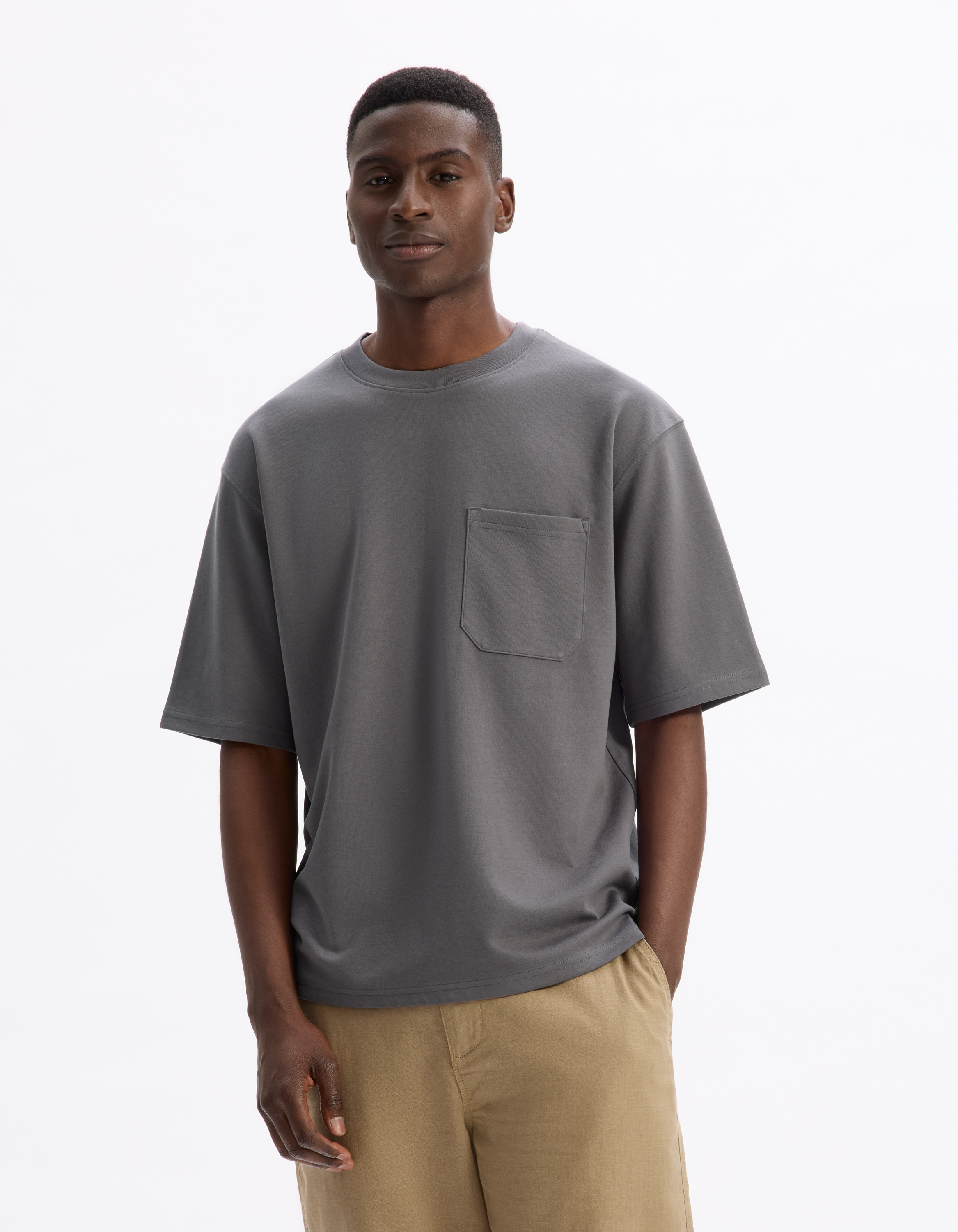 T-shirt oversize col rond coton mélangé - gris - camaieu - Modalova
