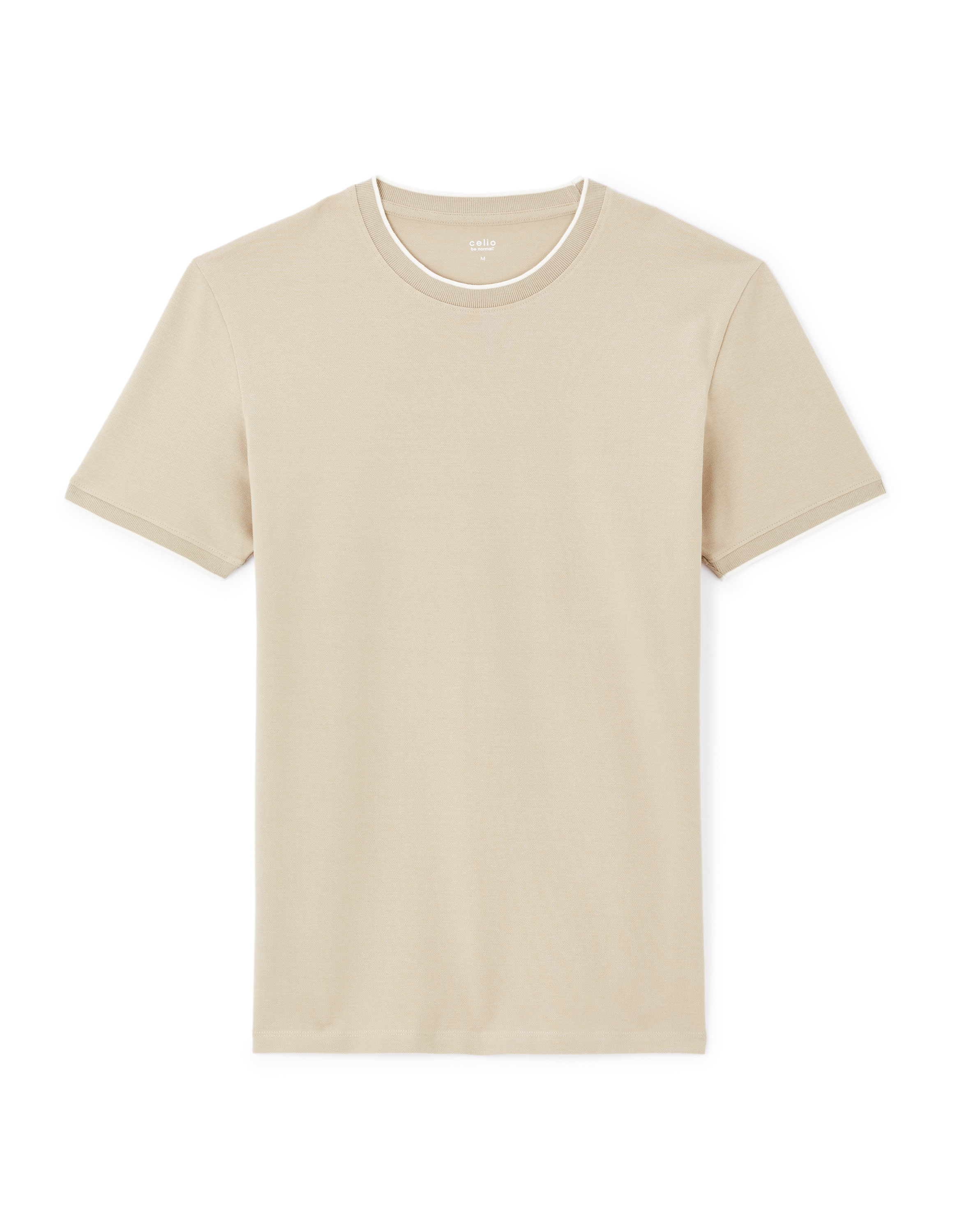 T-shirt straight col rayé en coton stretch - beige