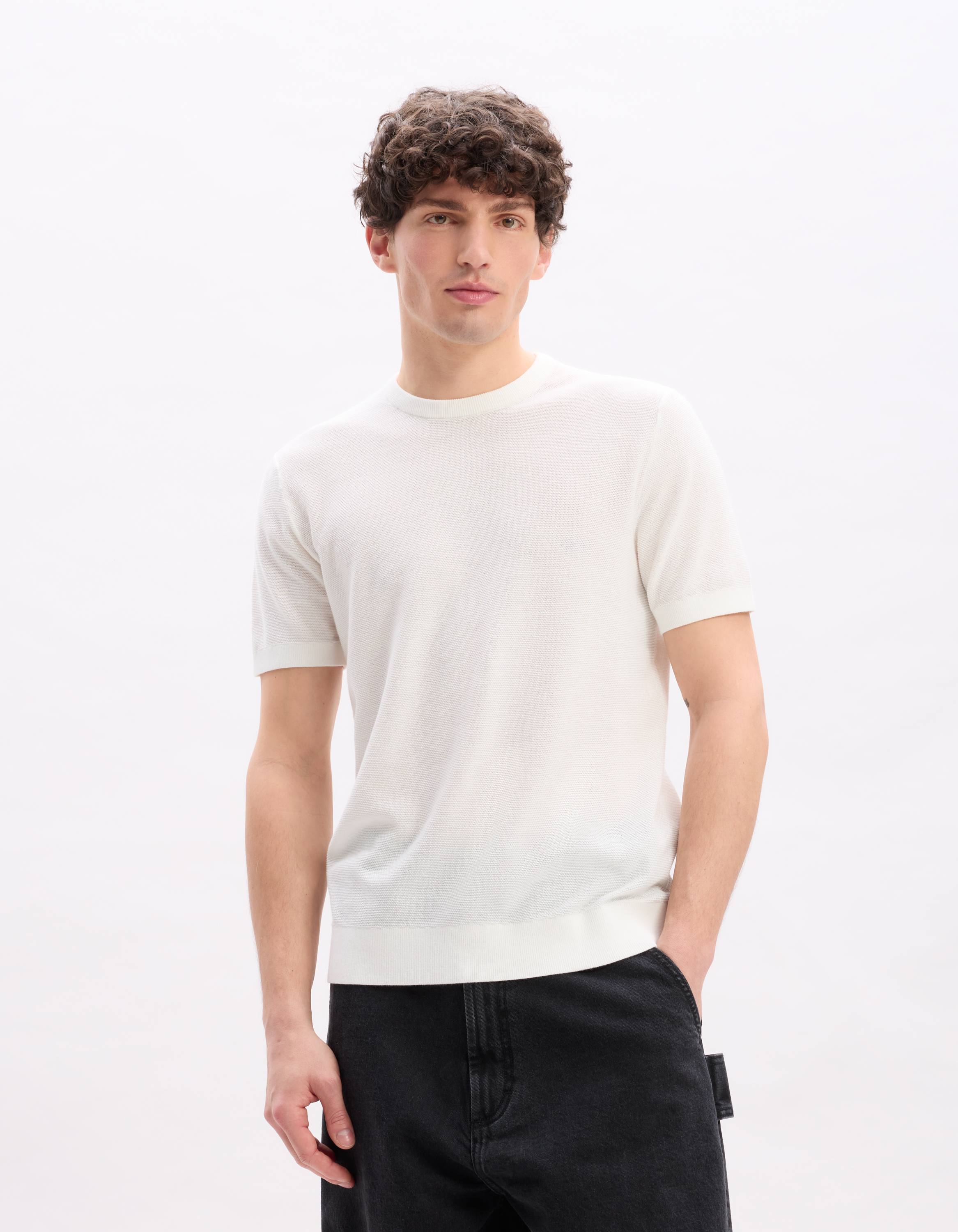 T-shirt straight col rond 100% coton - beige - camaieu - Modalova