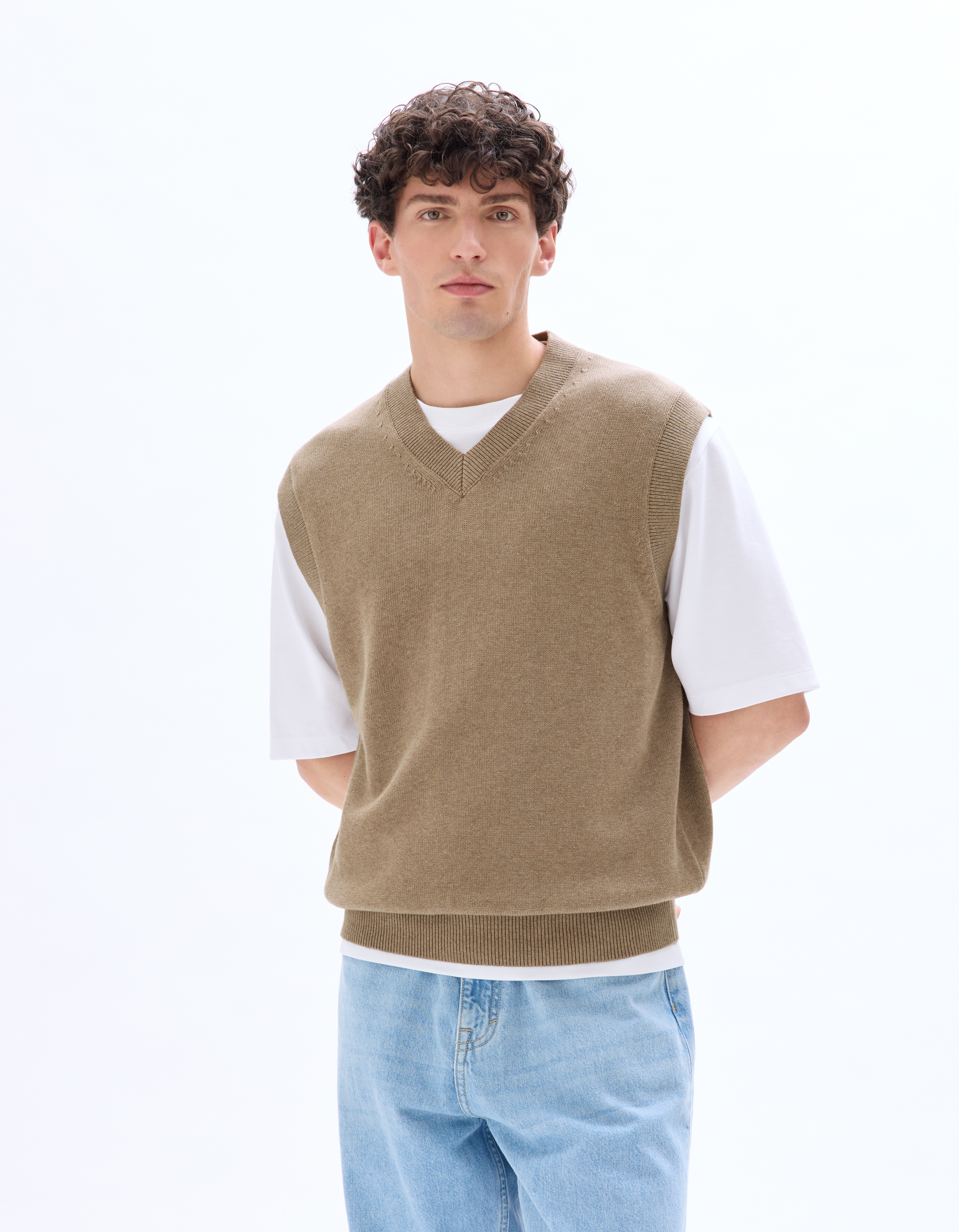 Pull sans manches col V 100% coton - beige - camaieu - Modalova