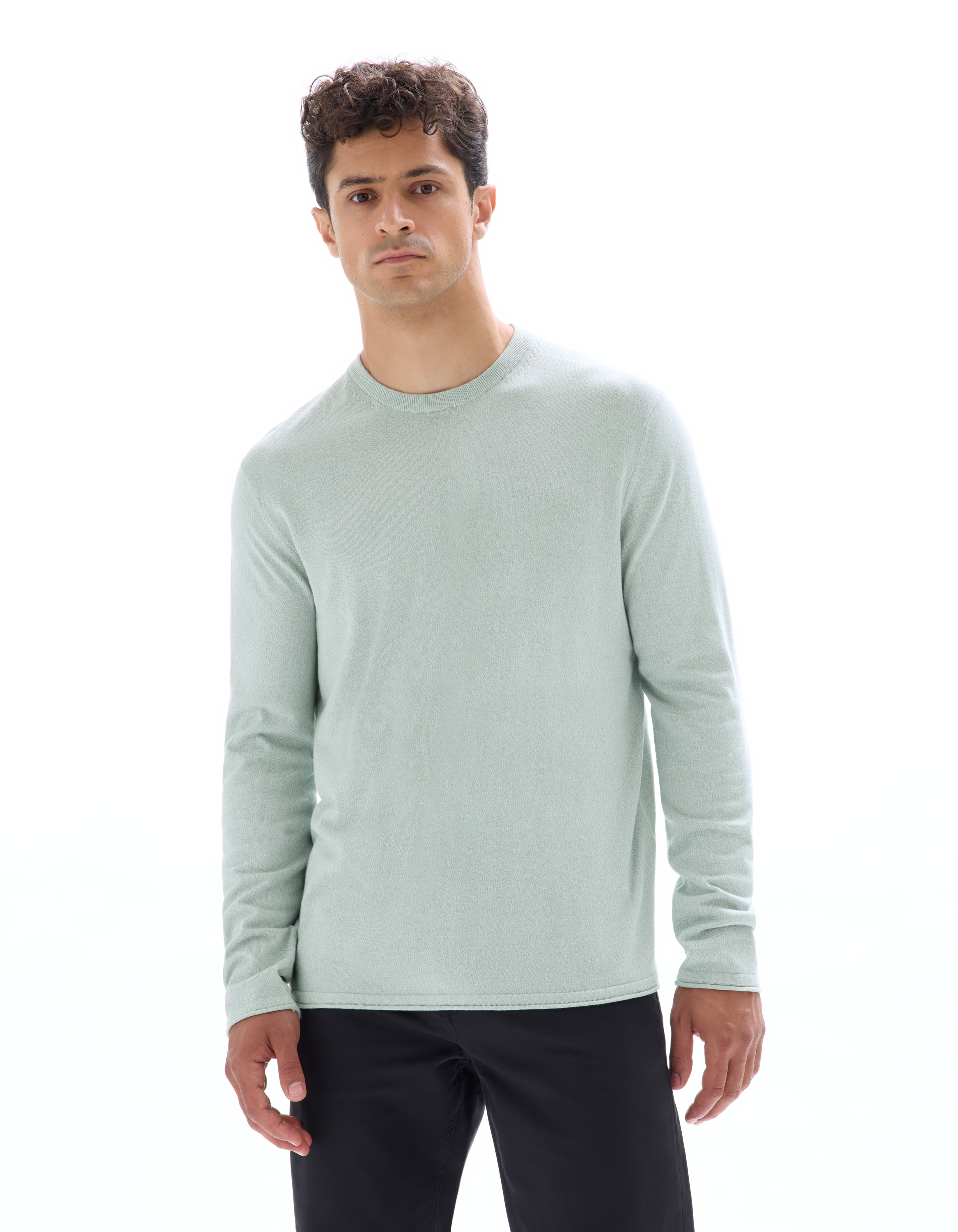 Pull col rond en coton mouliné - bleu clair - camaieu - Modalova