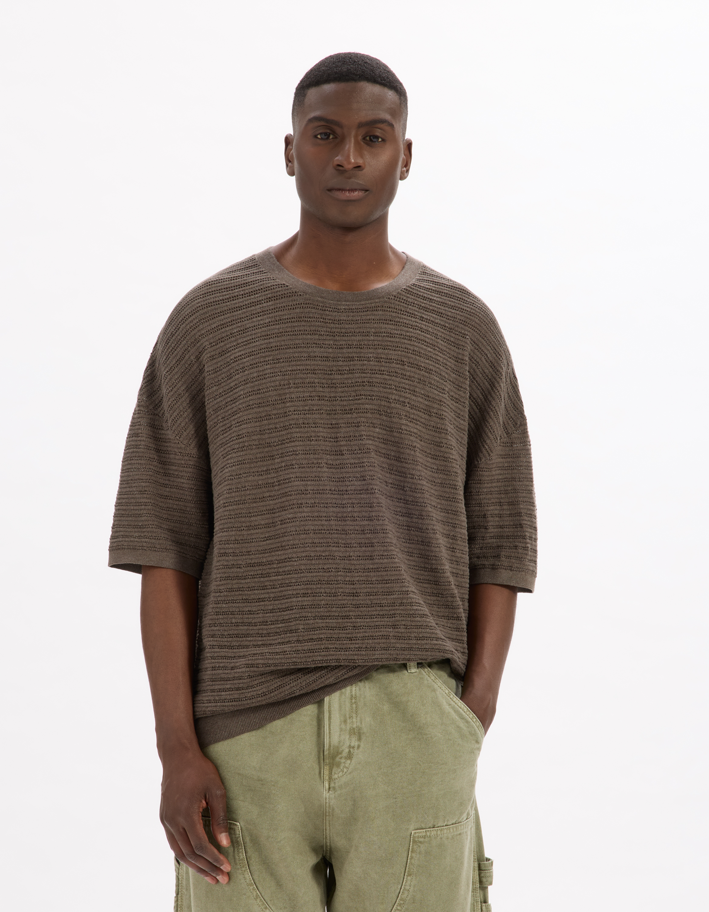 T-shirt boxy col rond en maille - taupe - camaieu - Modalova
