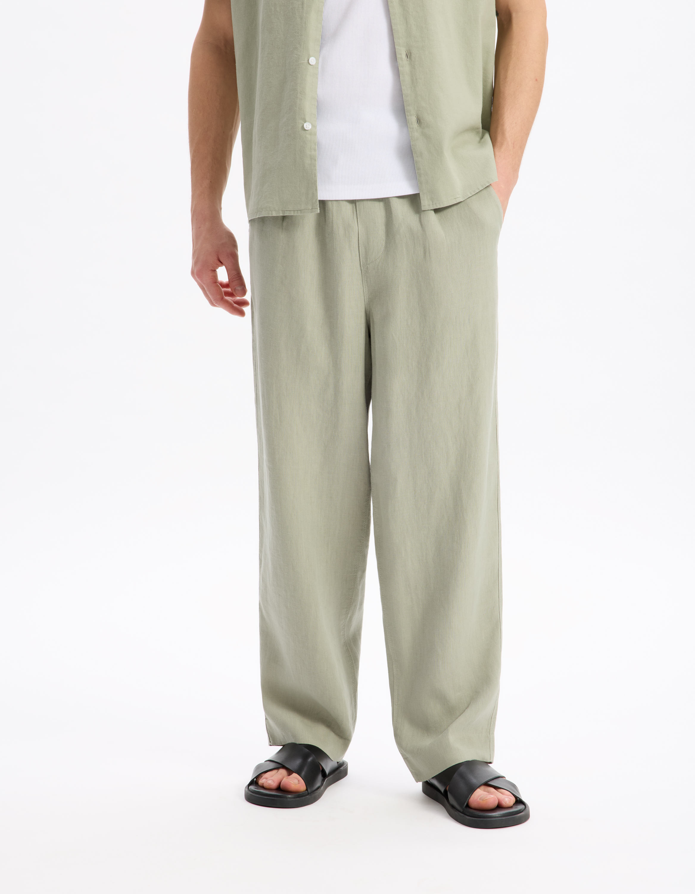 Pantalon loose 100% lin - vert - camaieu - Modalova