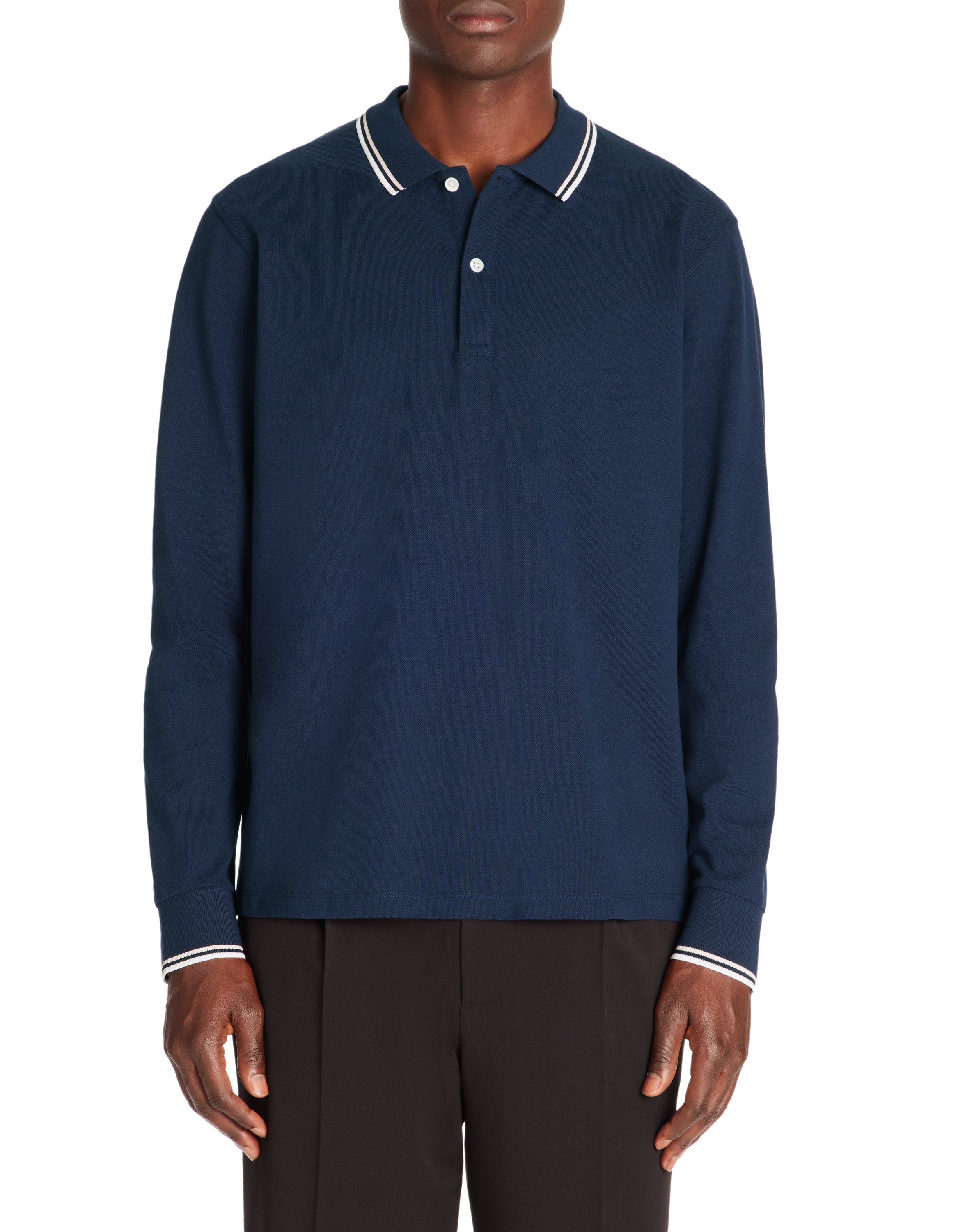 Polo piqué manches longues en coton - marine - camaieu - Modalova