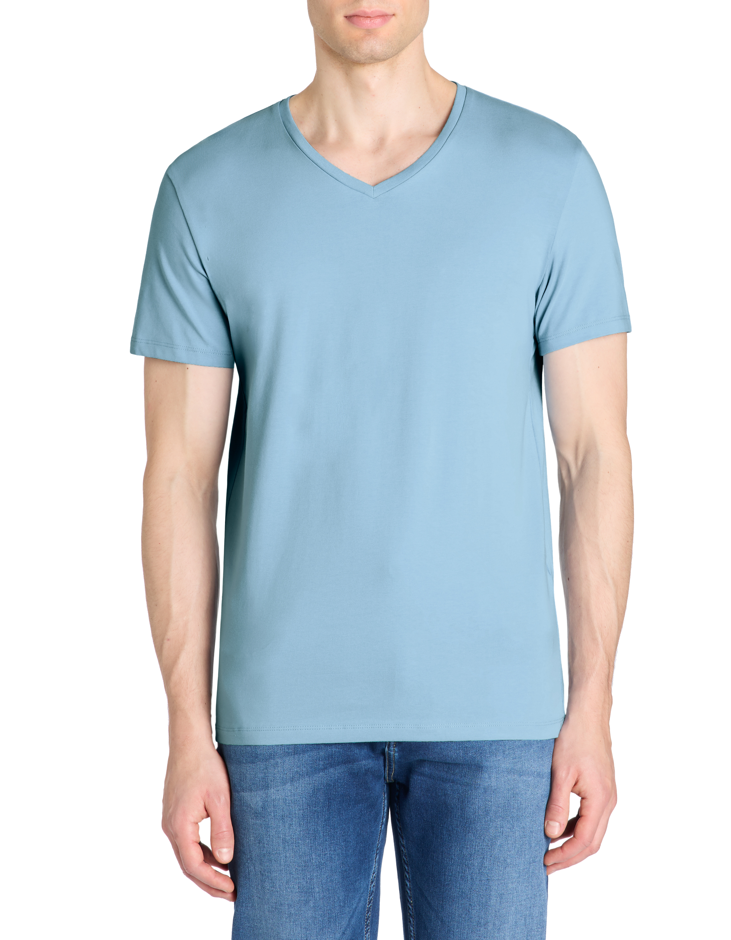 T-shirt slim col v en coton stretch - bleu - camaieu - Modalova