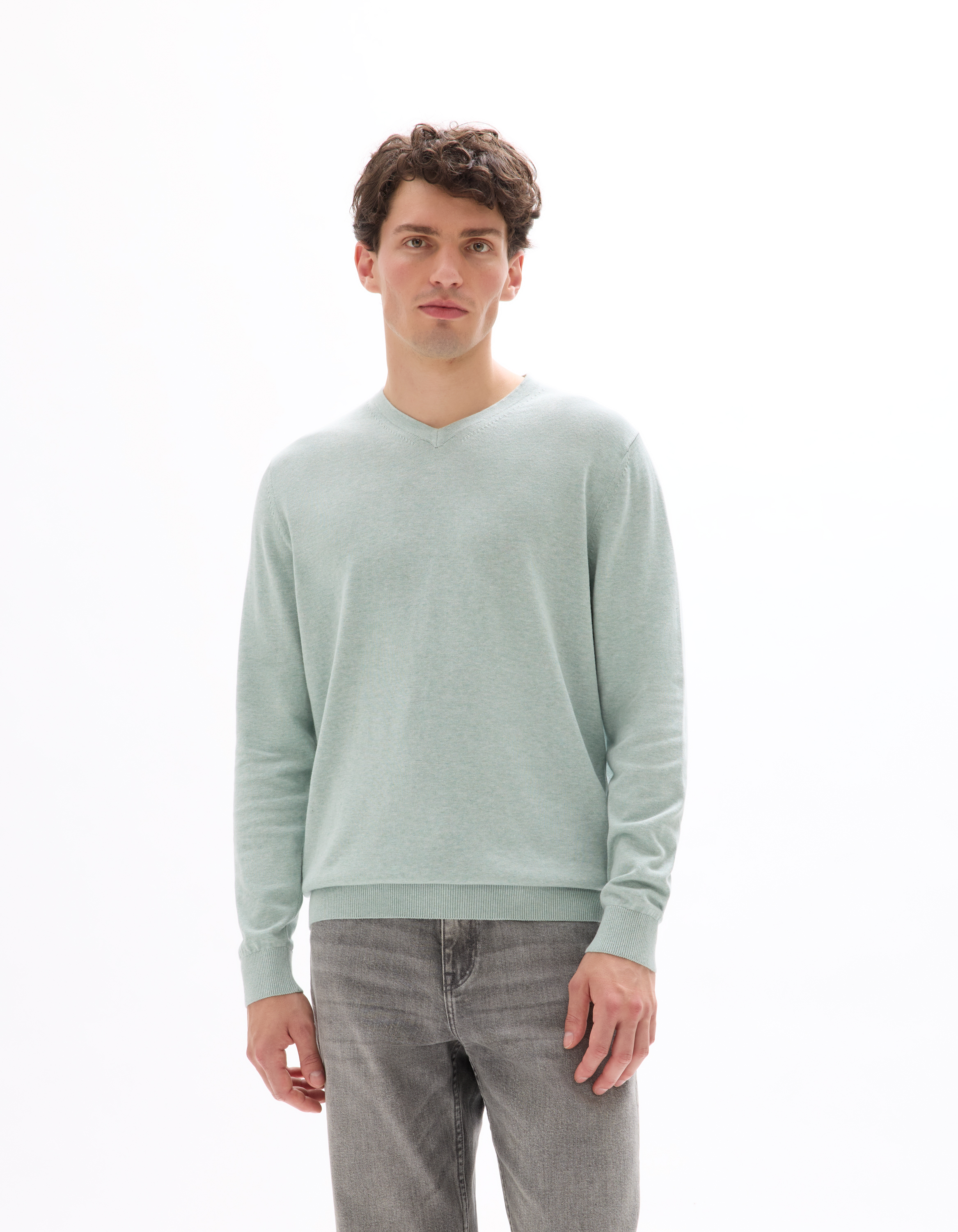 Pull col V 100% coton -bleu vert - camaieu - Modalova