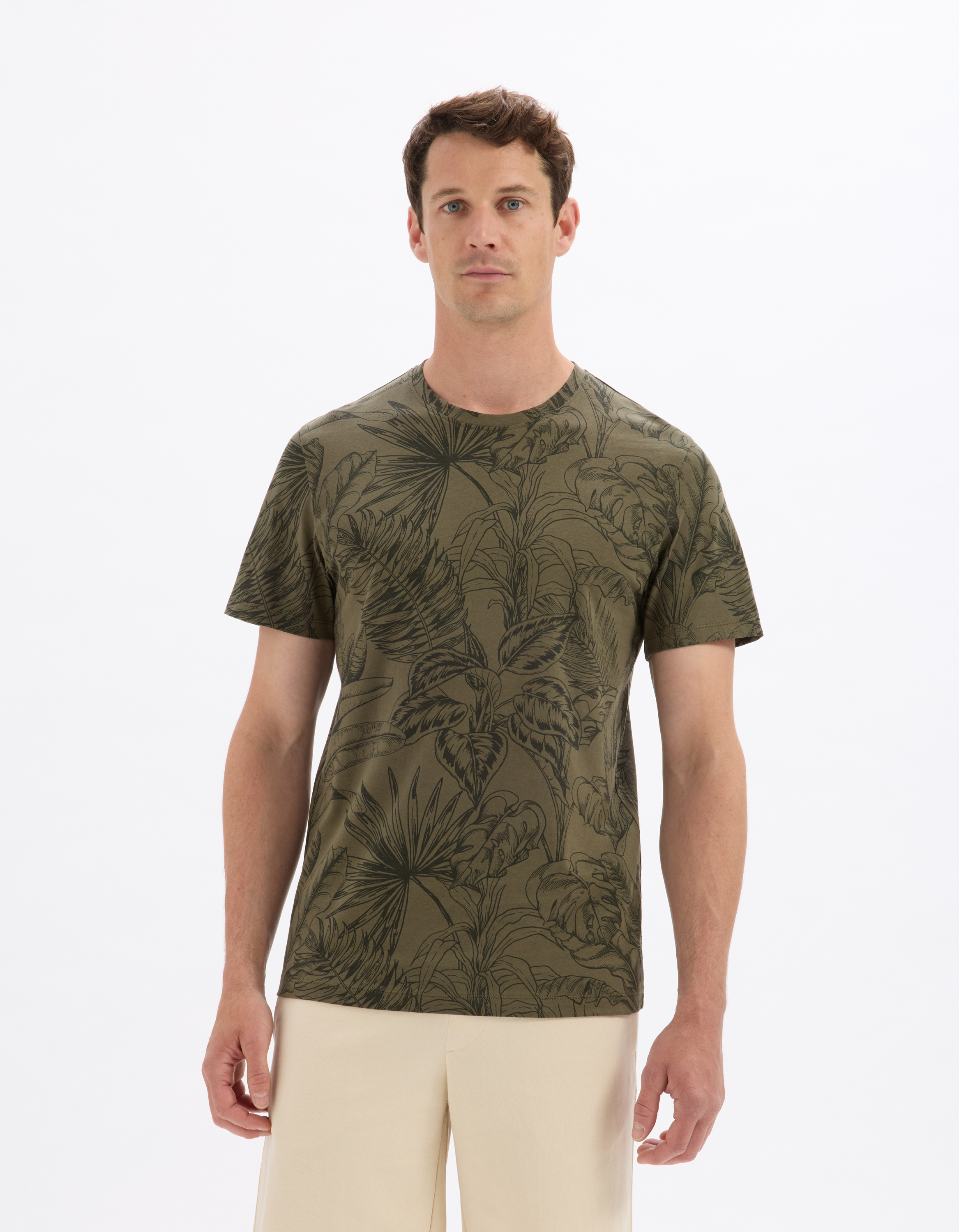 T-shirt regular col rond 100% coton fleuri - kaki - camaieu - Modalova