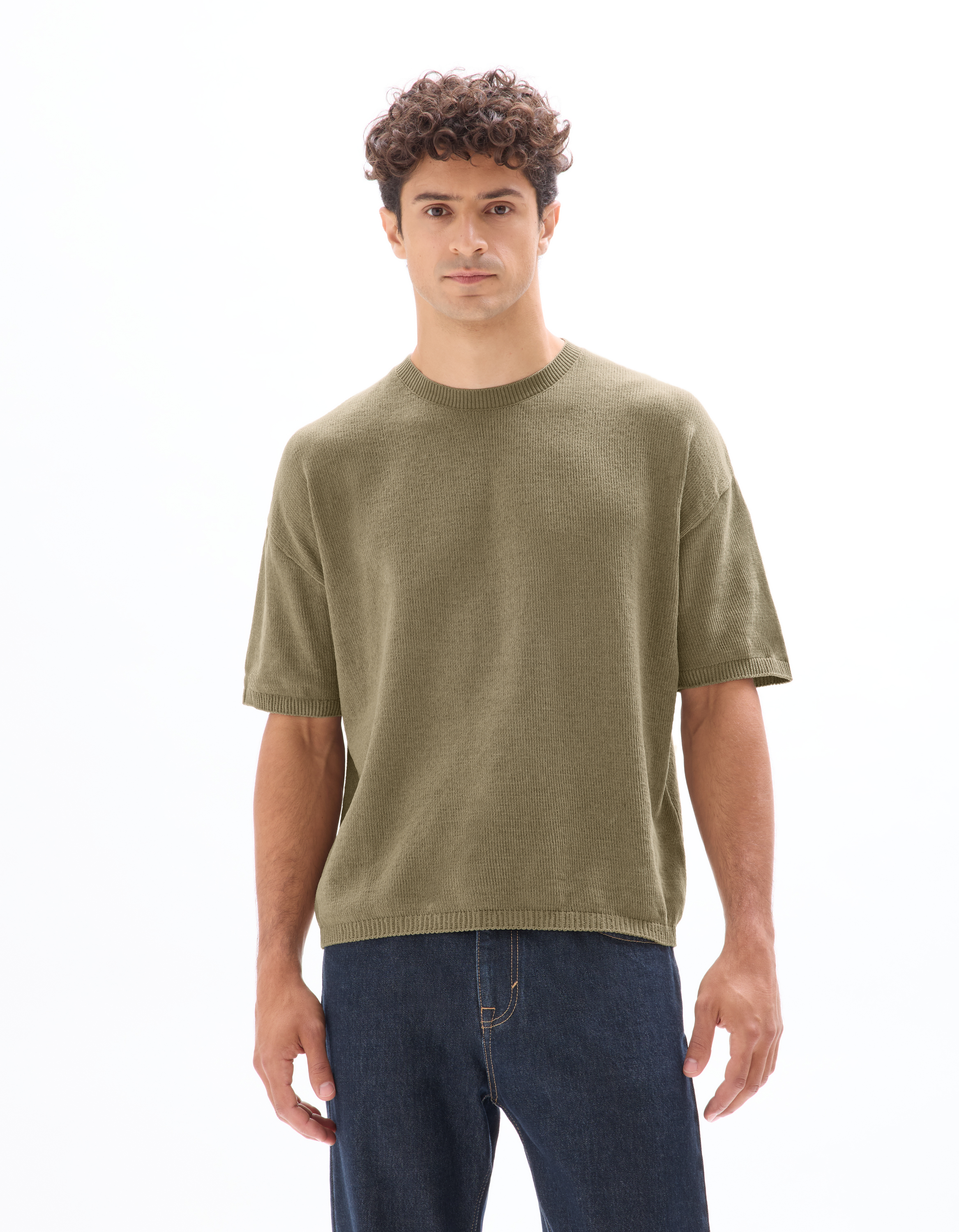 T-shirt boxy col rond en maille - taupe - camaieu - Modalova