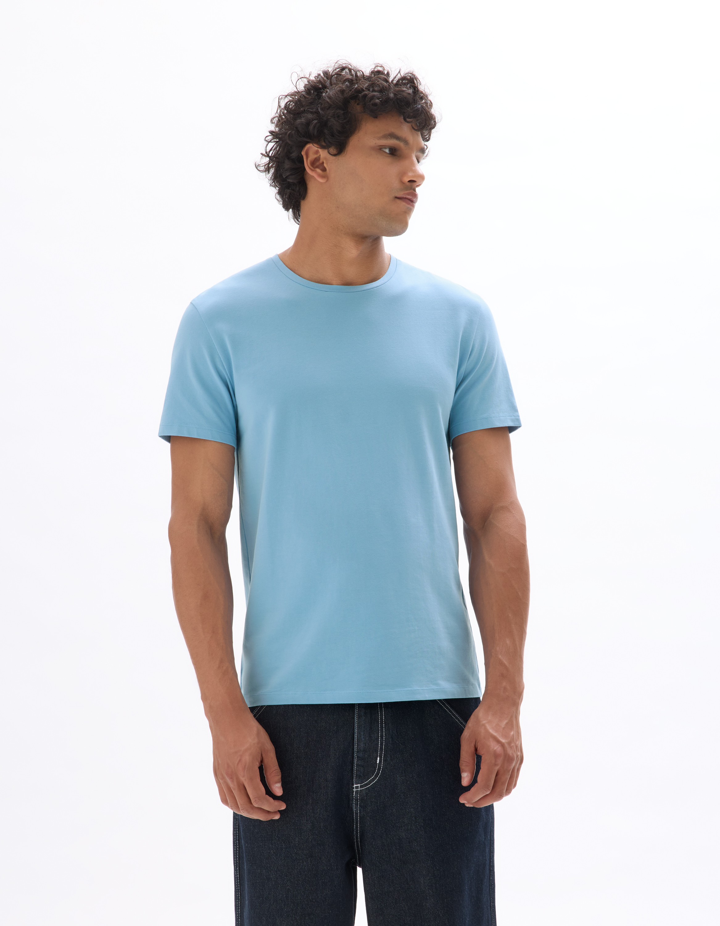 T-shirt slim col rond en coton stretch - bleu clair - camaieu - Modalova