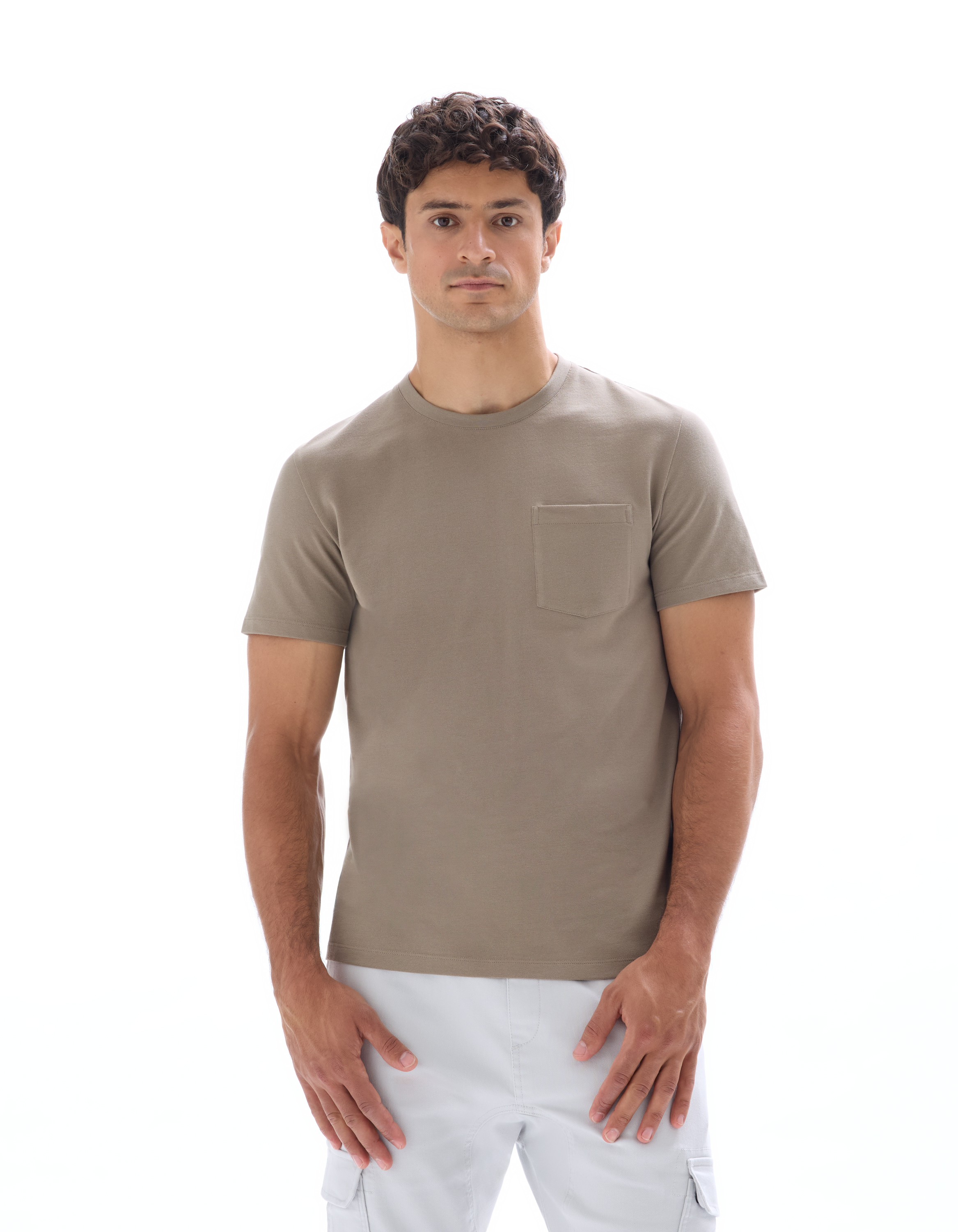 T-shirt regular col rond 100% coton piqué stretch - taupe - camaieu - Modalova