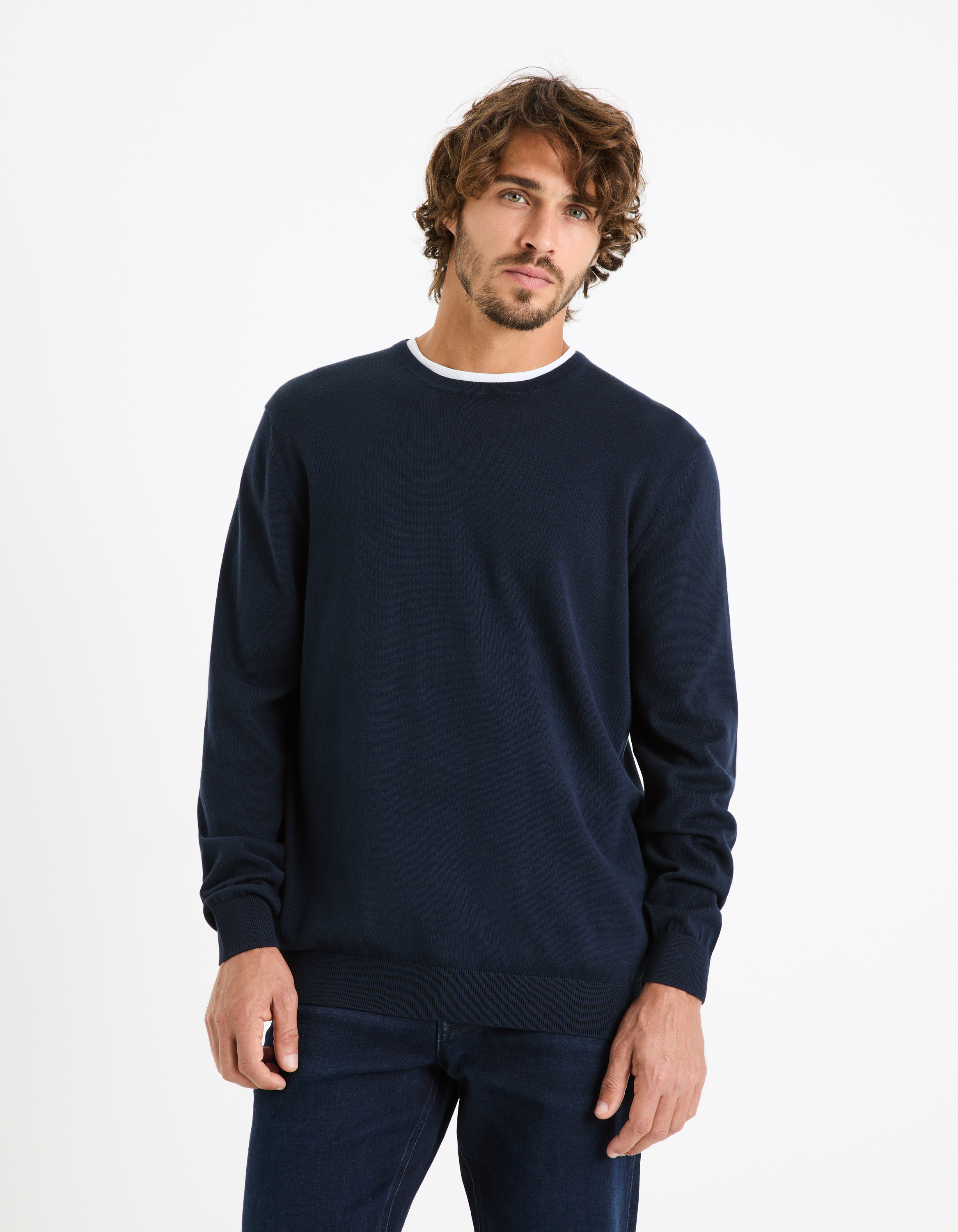 Pull col rond 100% coton - marine - camaieu - Modalova