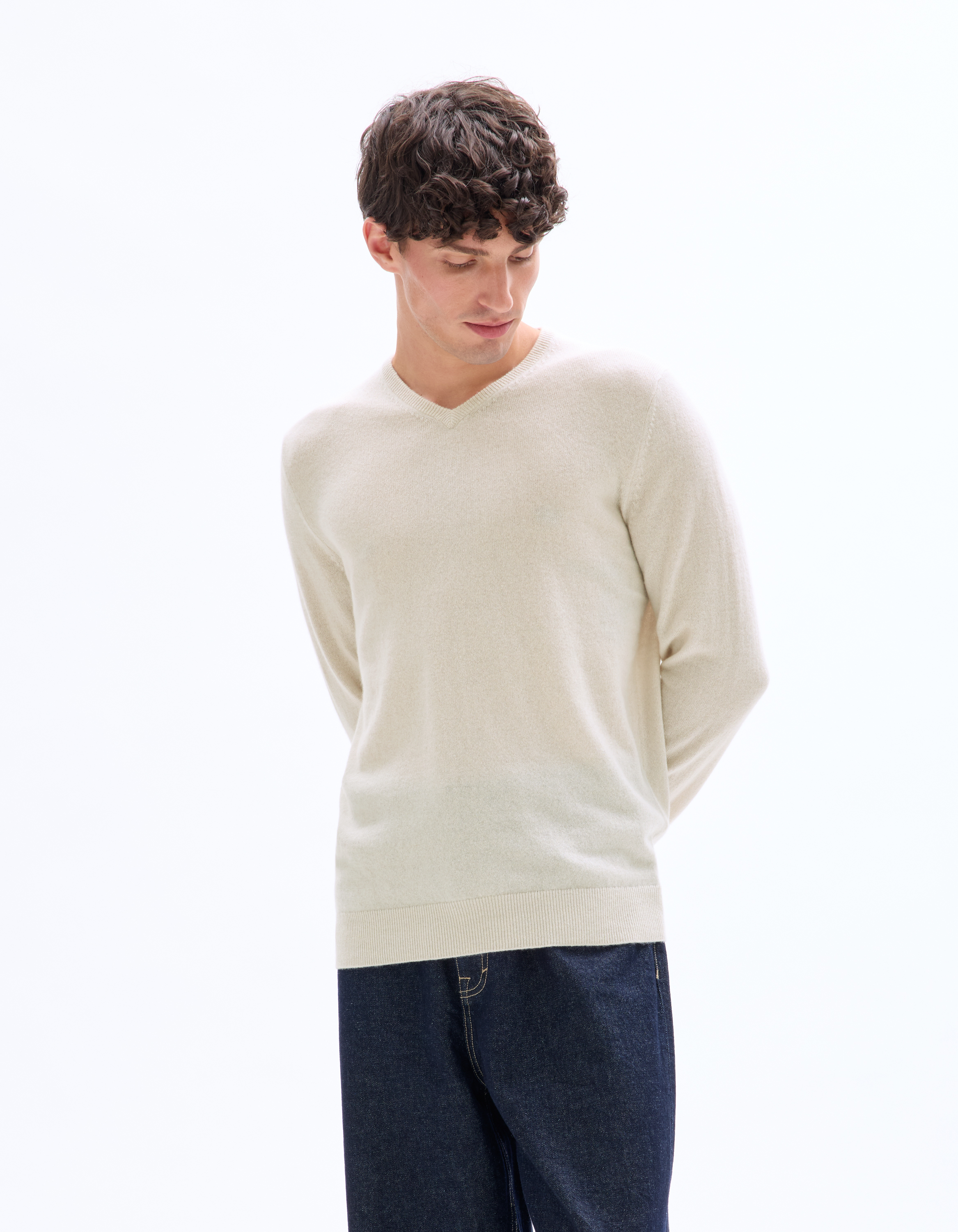 Pull 100% cachemire col V - écru - camaieu - Modalova