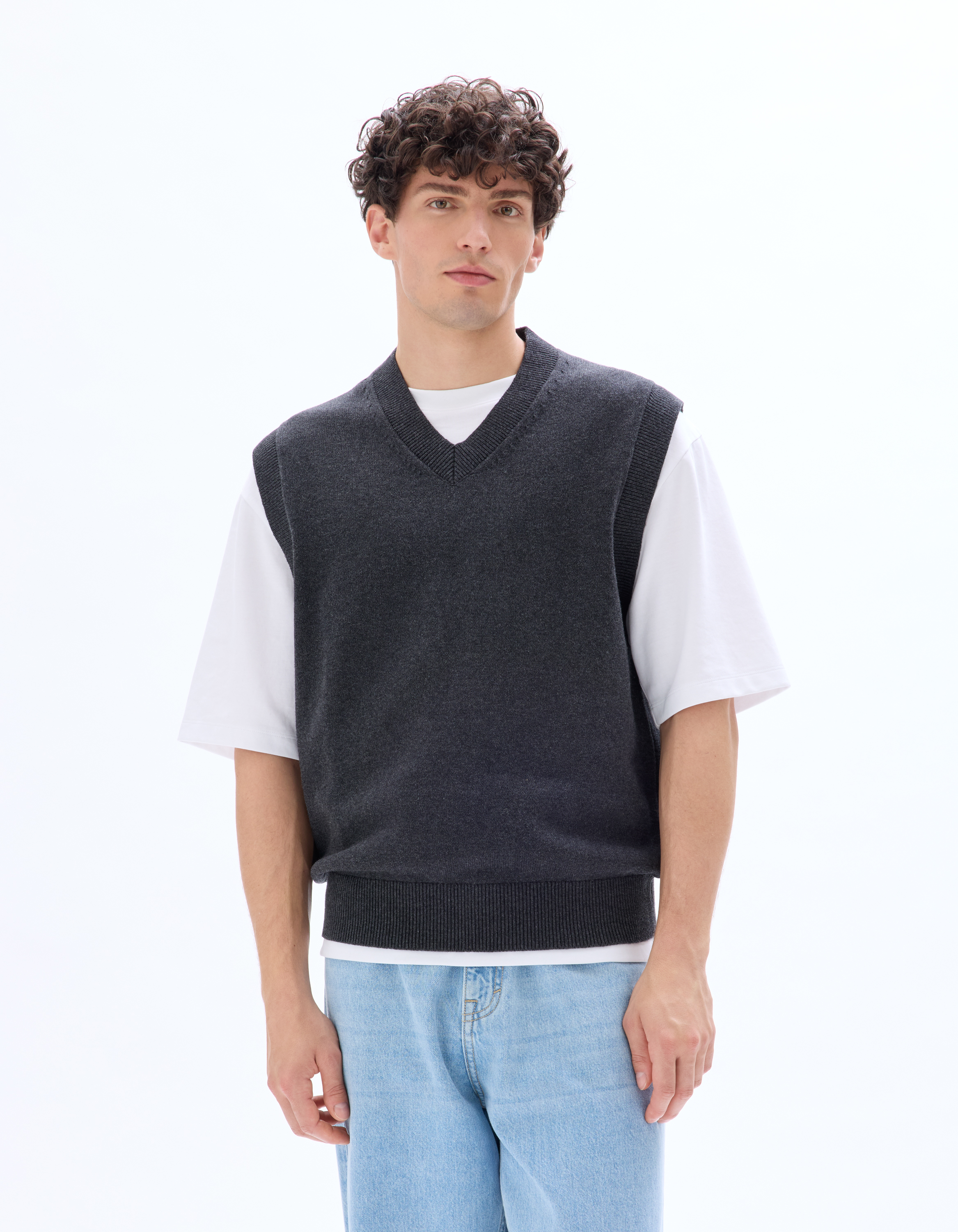 Pull sans manches col V 100 % coton - anthracite - camaieu - Modalova