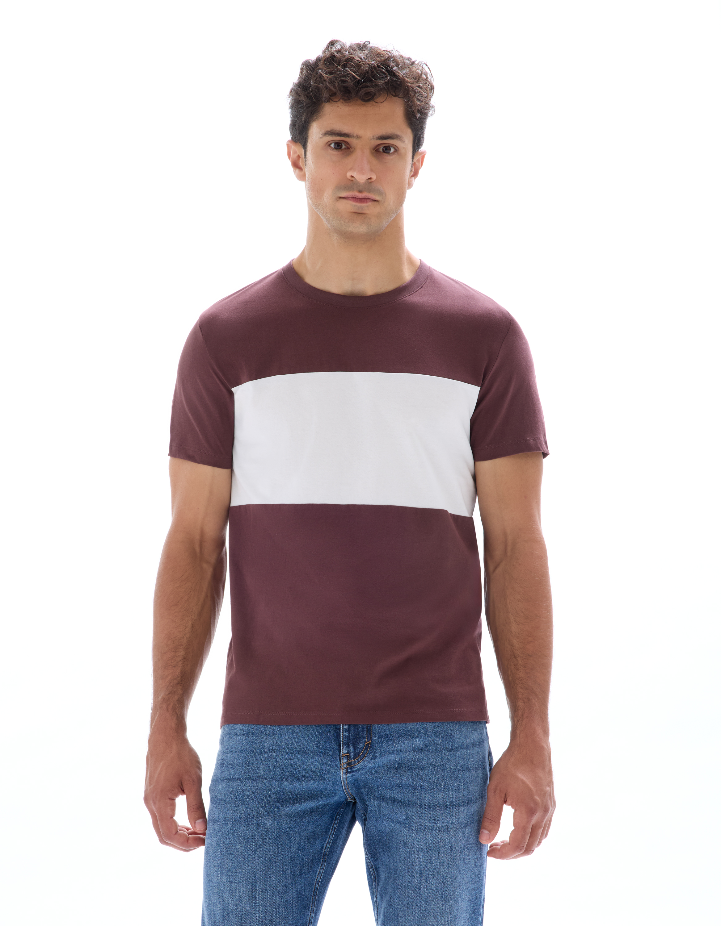 T-shirt regular col rond 100% coton color block - bordeaux - camaieu - Modalova