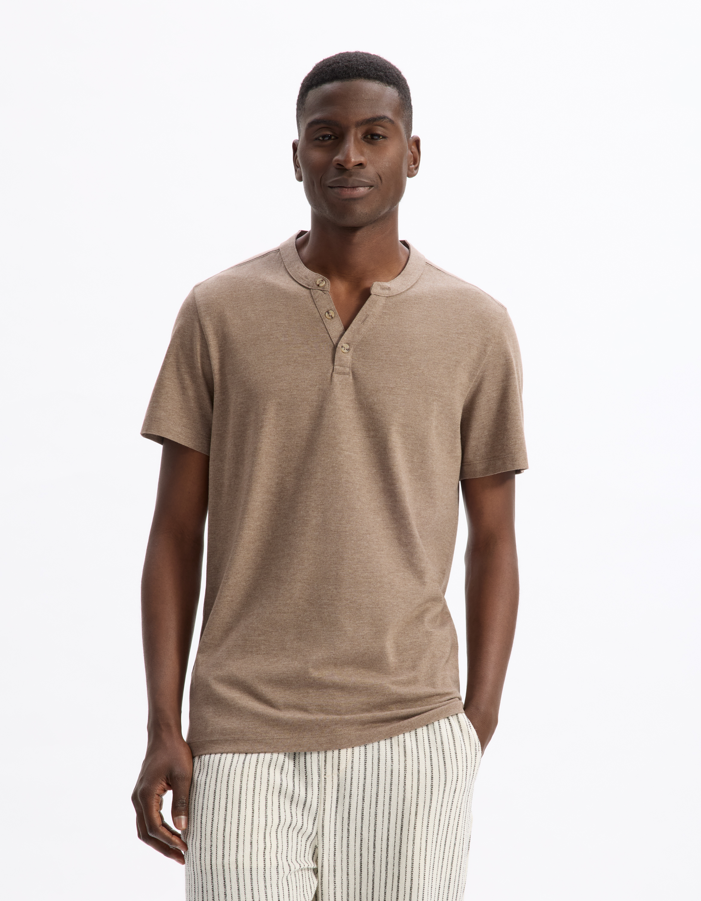 T-shirt straight col tunisien coton mélangé - camaieu - Modalova