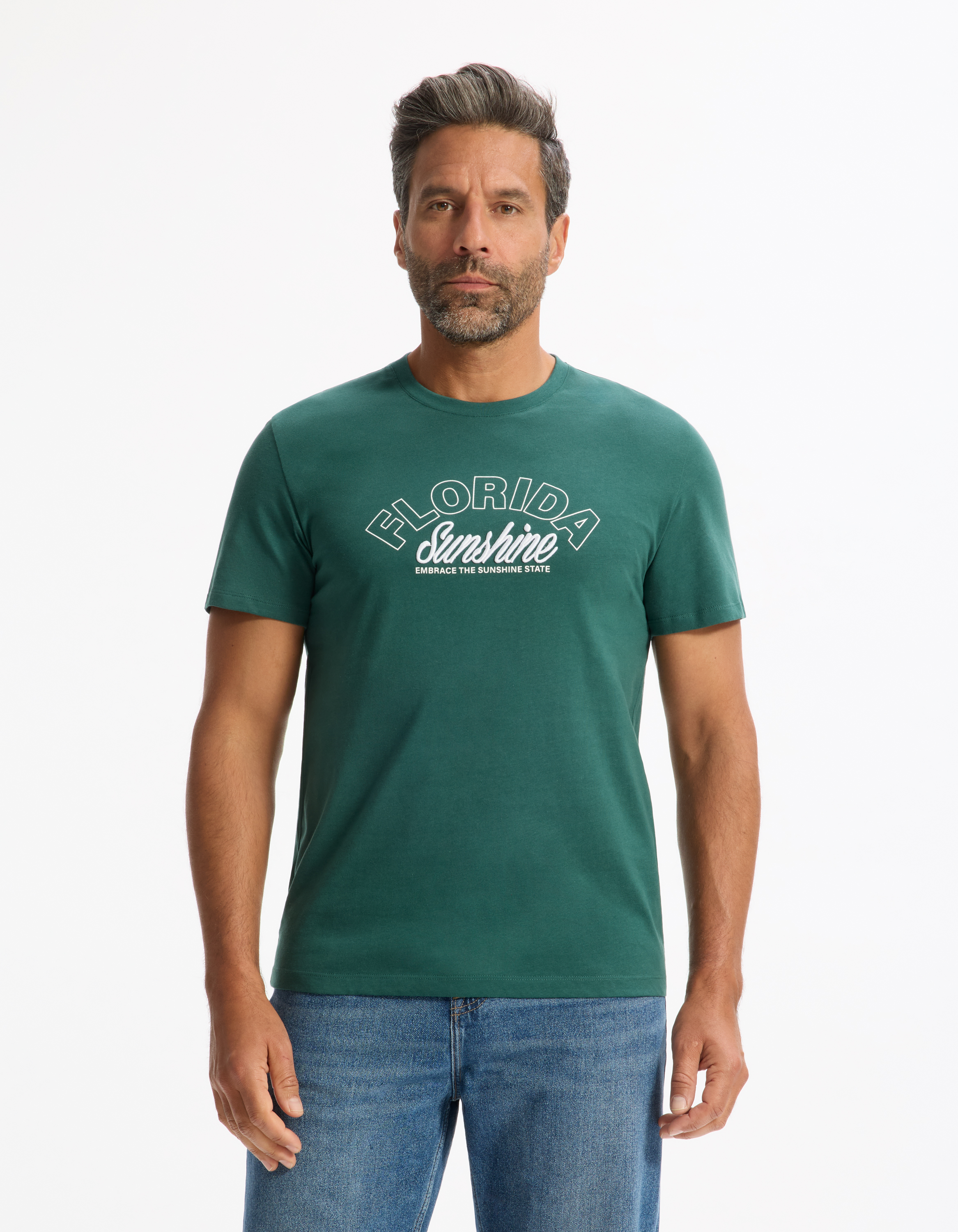 T-shirt straight col rond 100% coton - vert - camaieu - Modalova