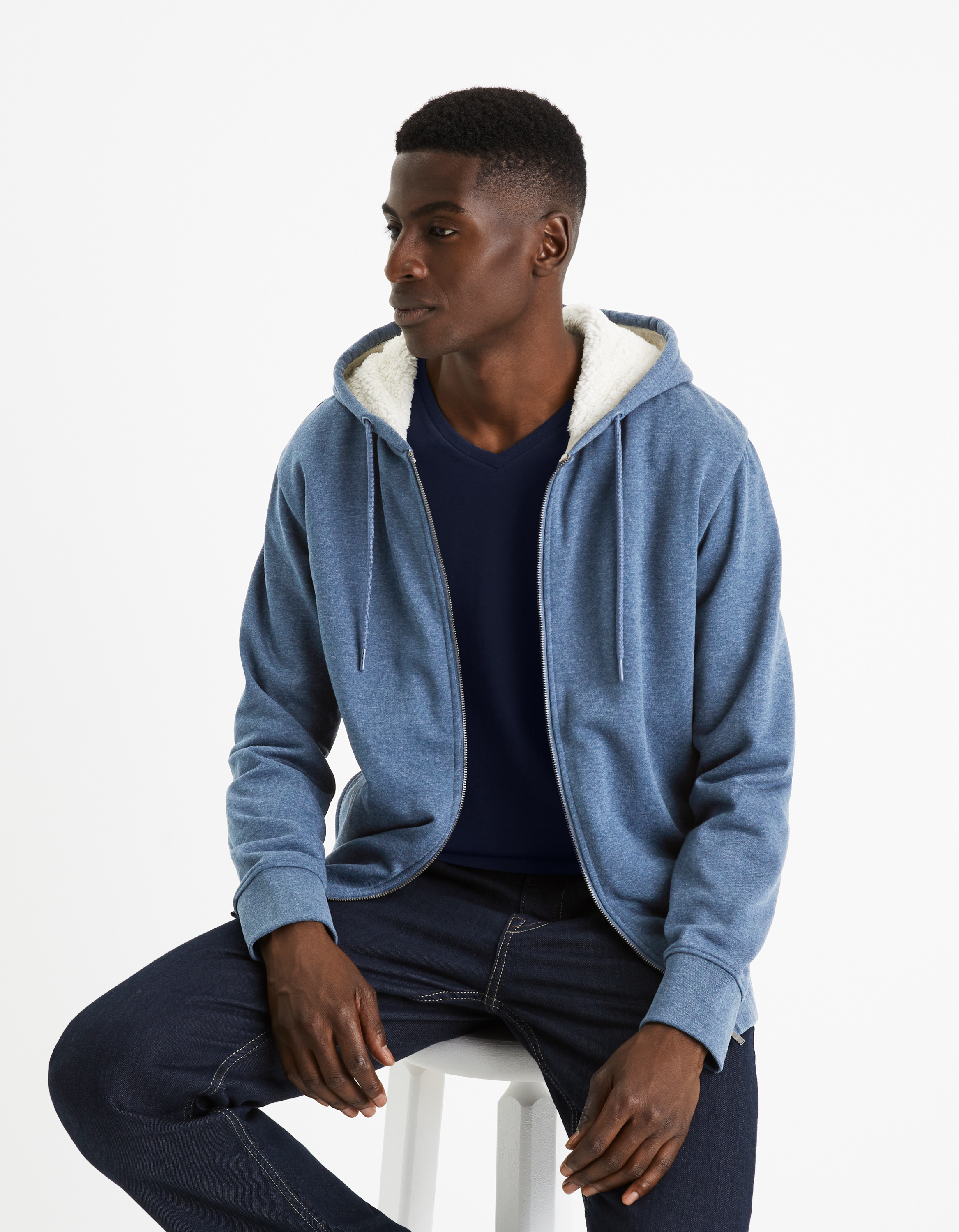 Sweat zippé à capuche coton mélangé - marine - camaieu - Modalova