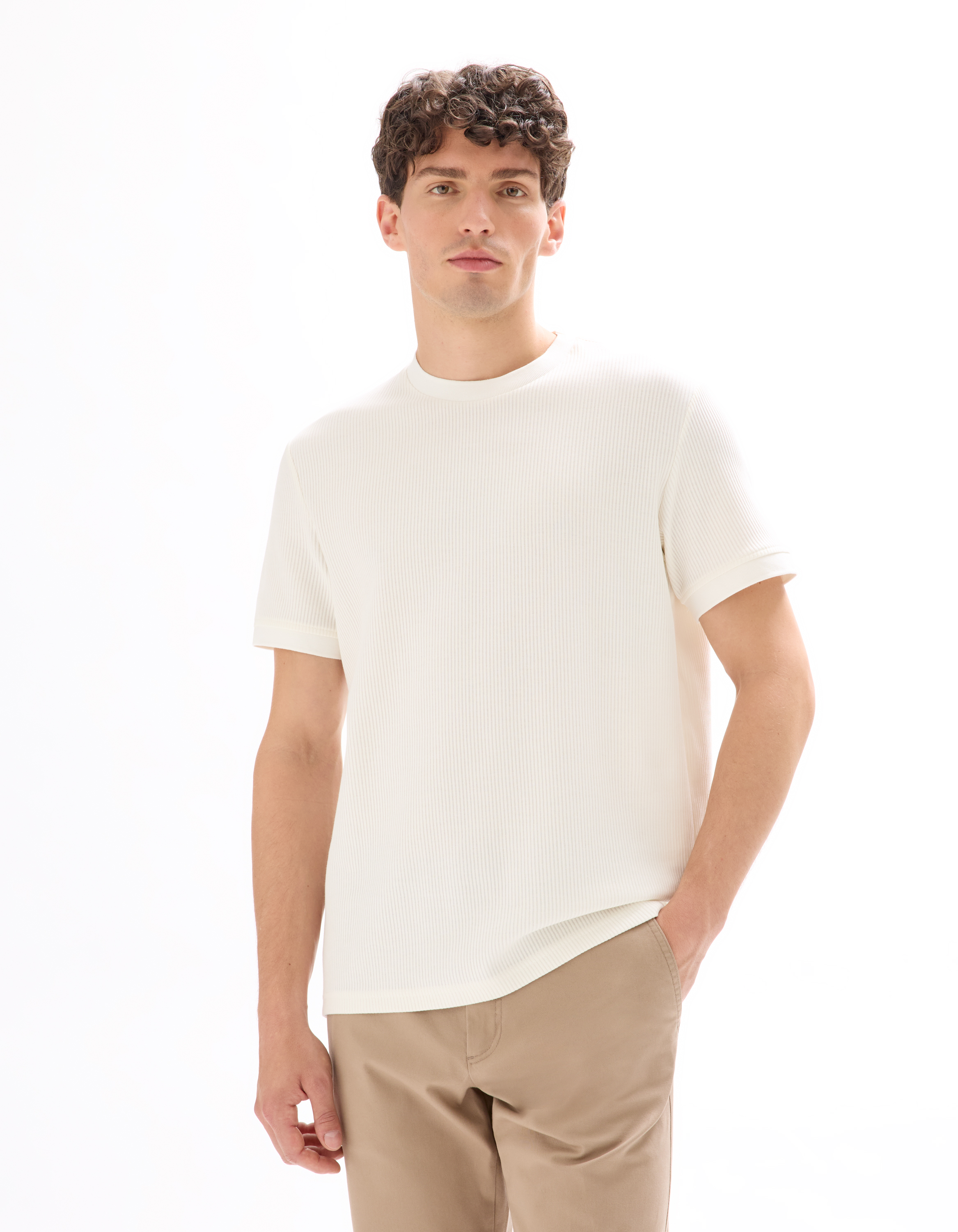 T-shirt col rond 100% coton - écru - camaieu - Modalova