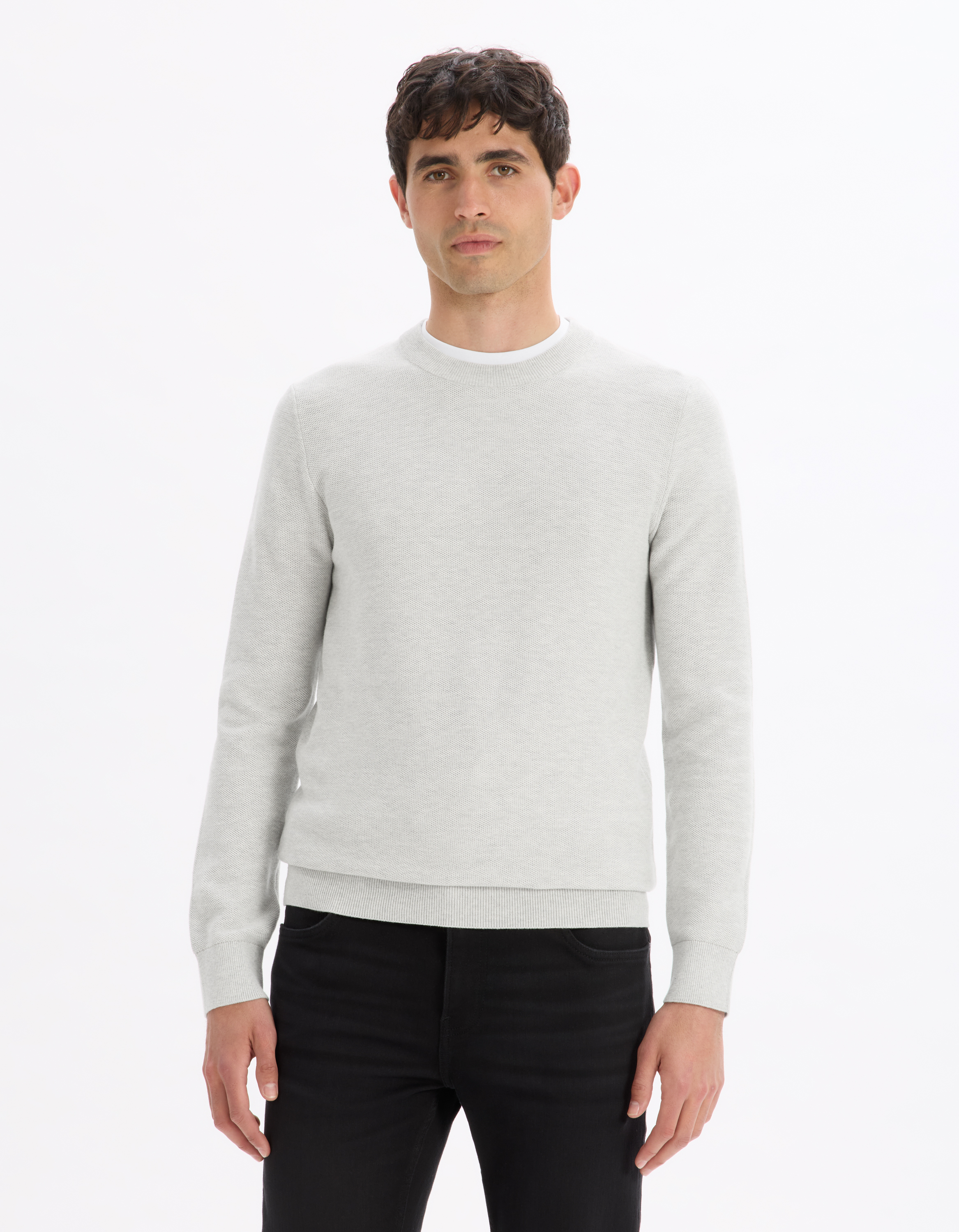 Pull col rond 100% coton - gris chiné - camaieu - Modalova