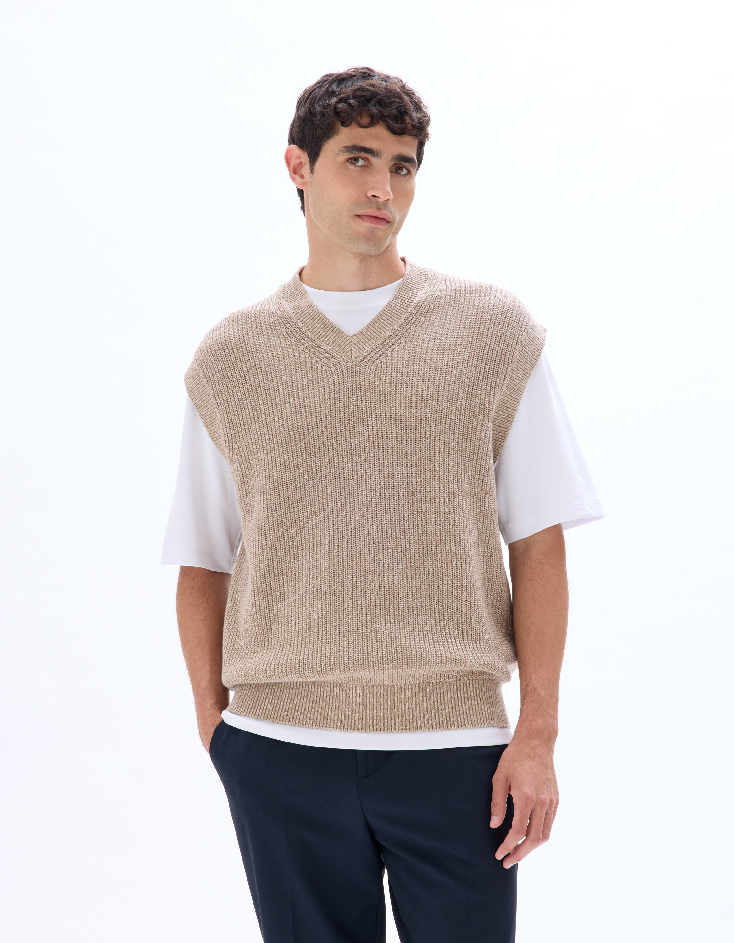 Pull col V en maille perlé 100% coton - beige - camaieu - Modalova