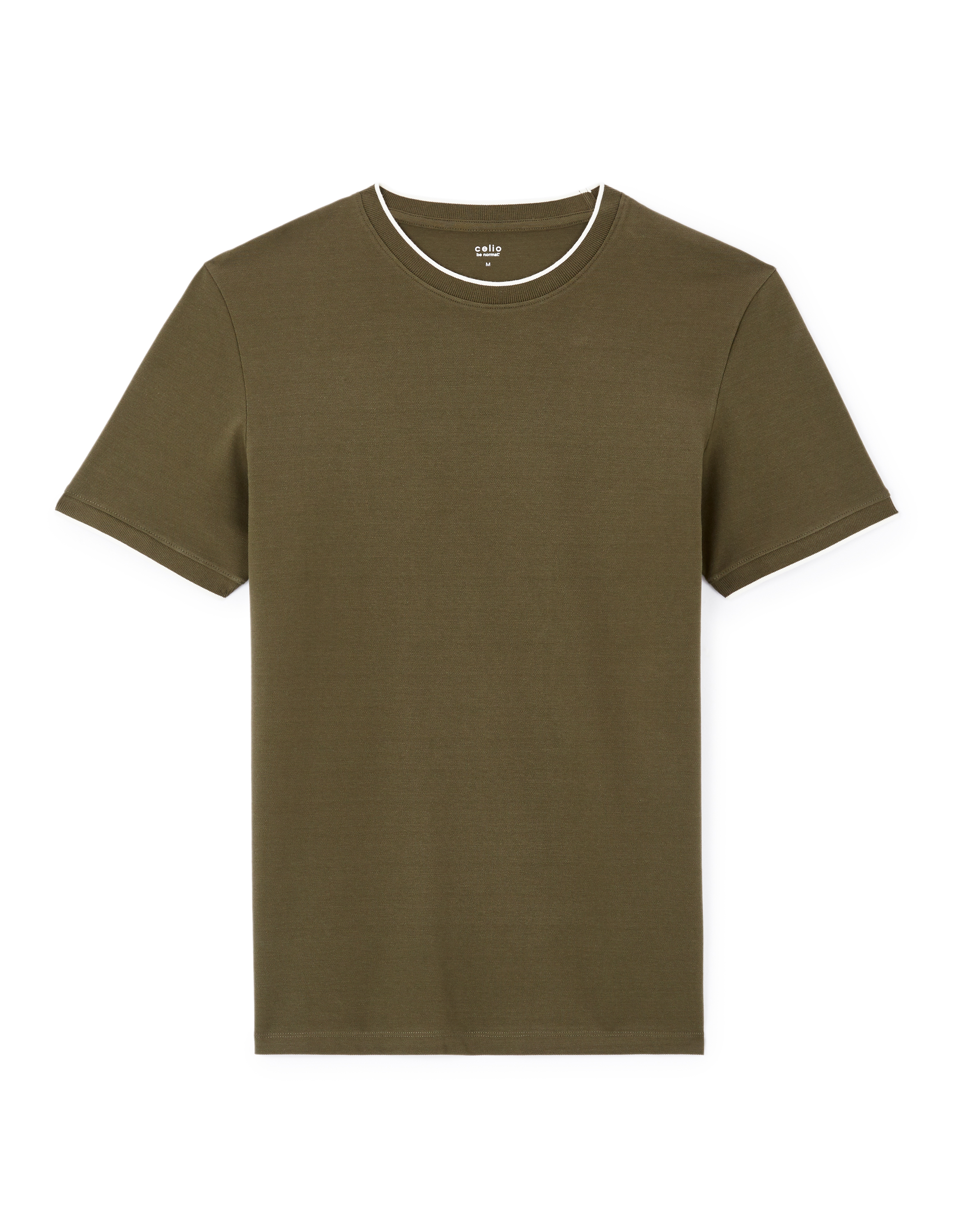 T-shirt straight col rayé en coton stretch - kaki