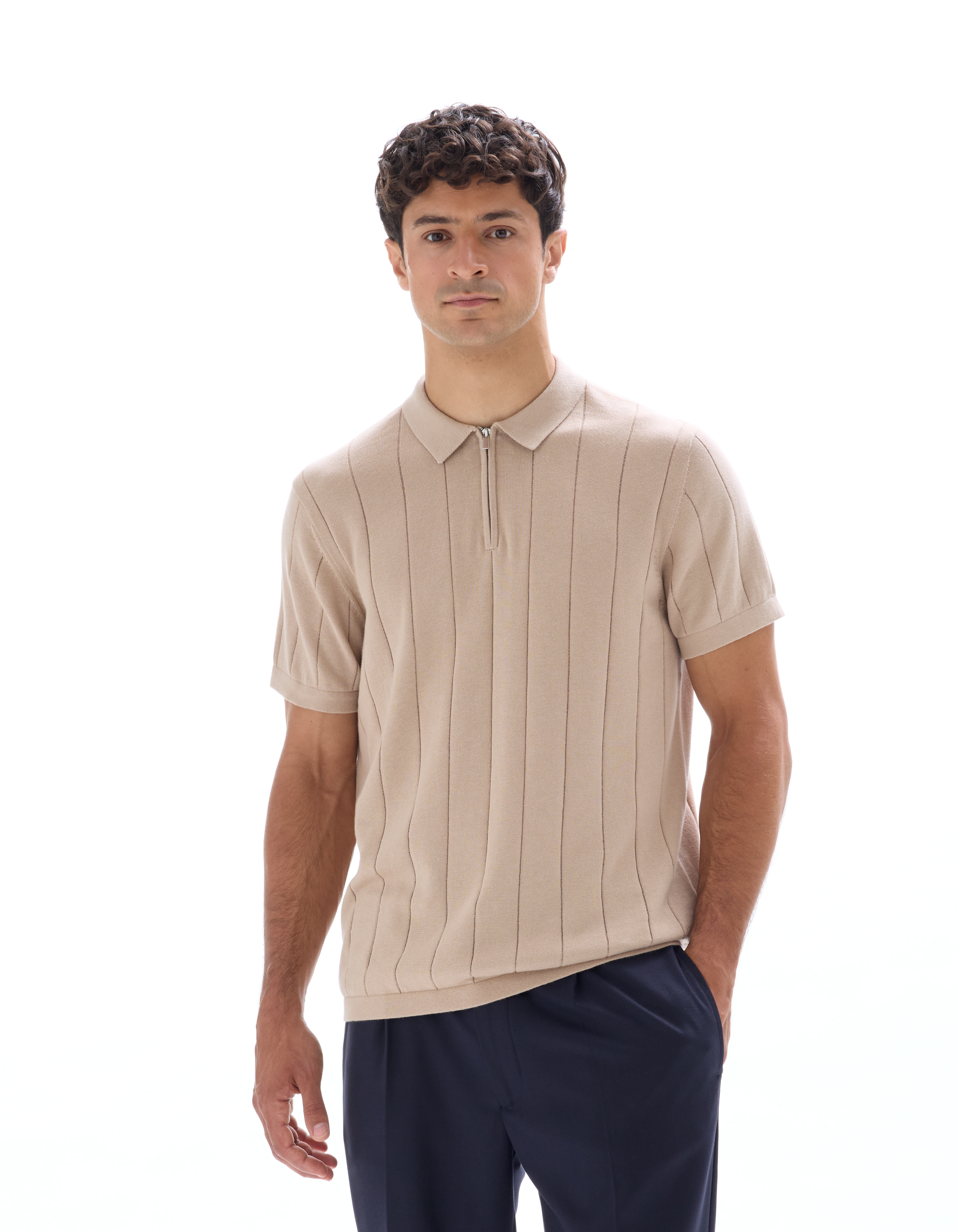 Polo regular en maille col zippé - beige - camaieu - Modalova