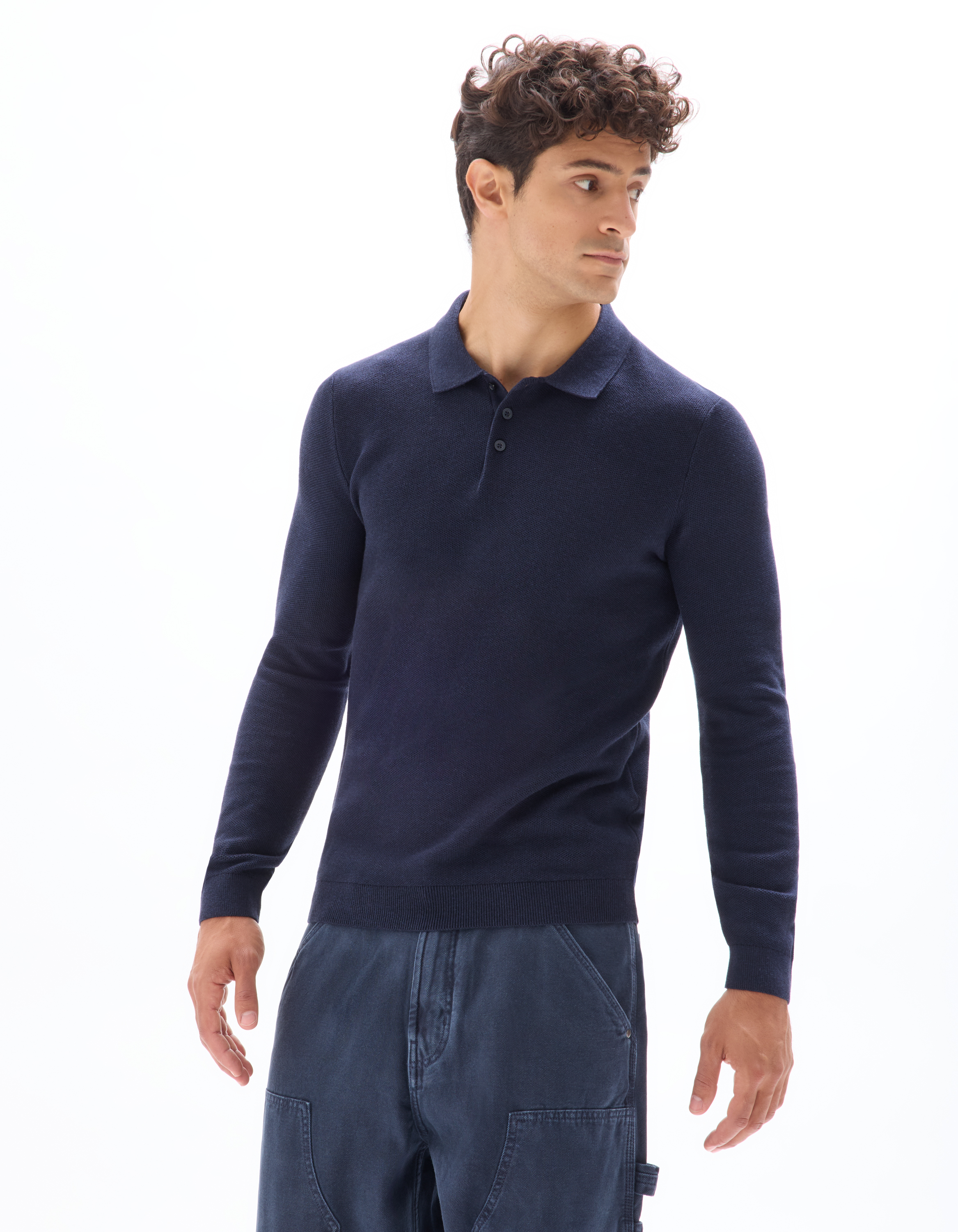 Pull col polo slim 100% coton - marine - camaieu - Modalova