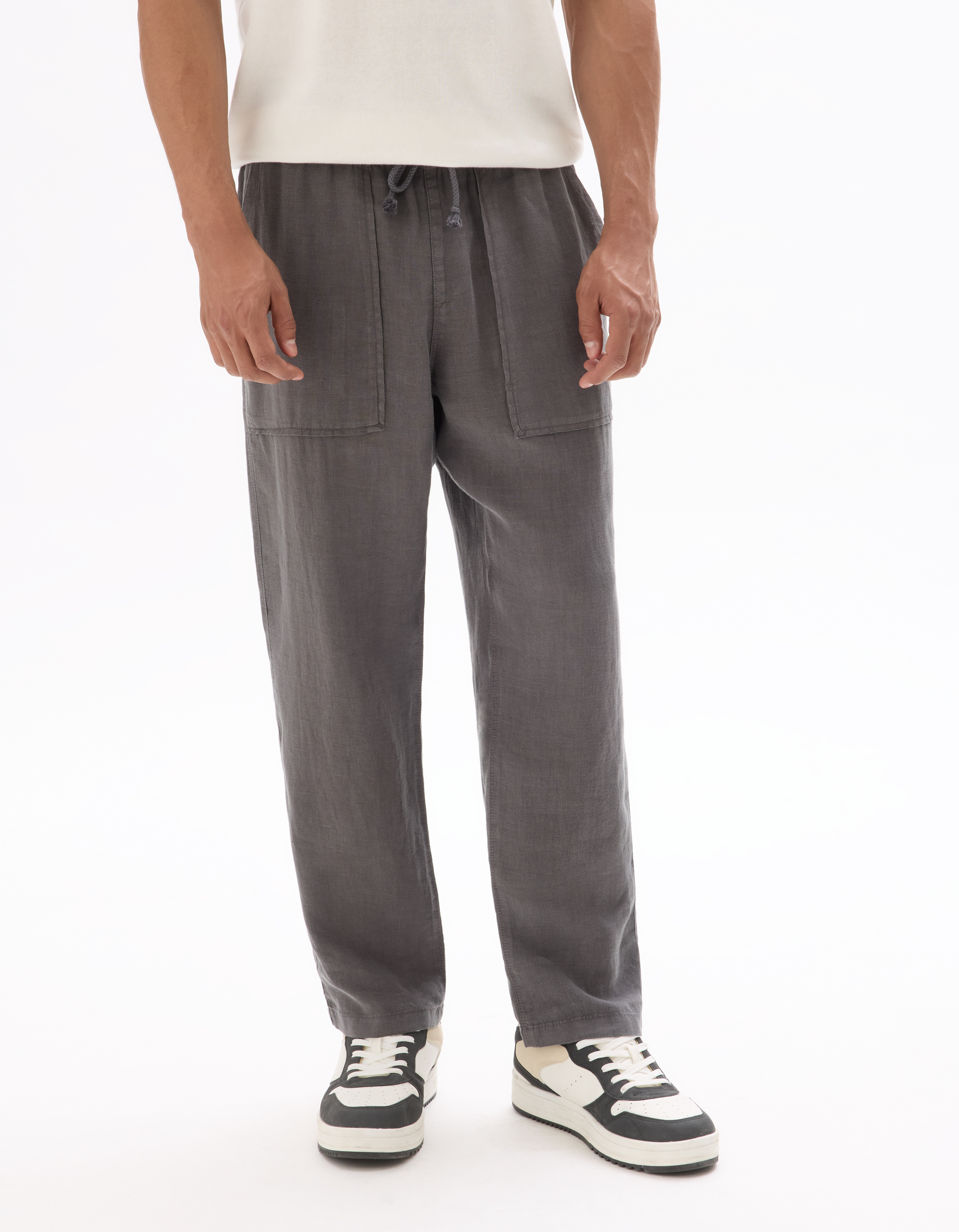 Pantalon uni 100% lin - gris foncé - camaieu - Modalova