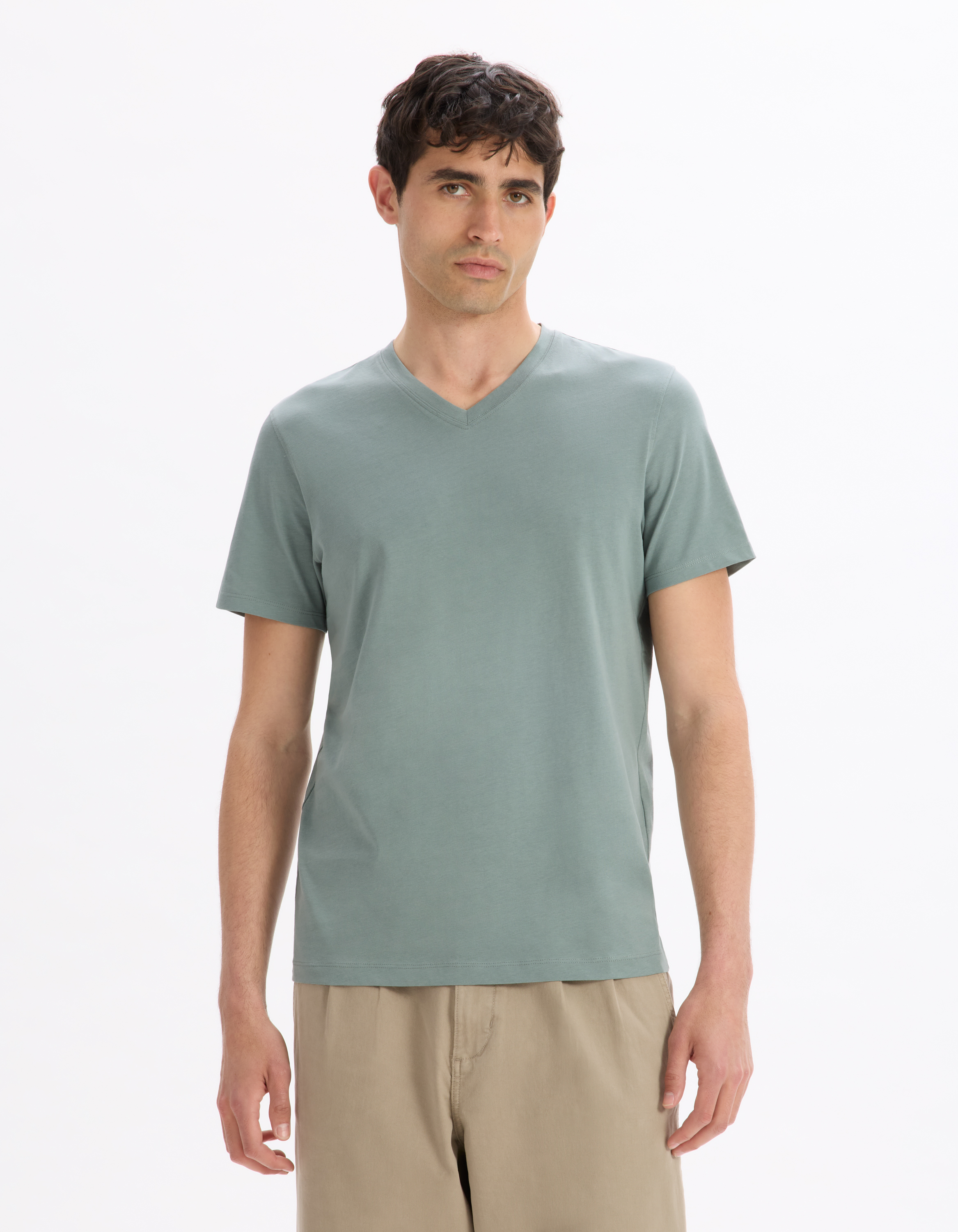 T-shirt straight col v 100% coton - camaieu - Modalova