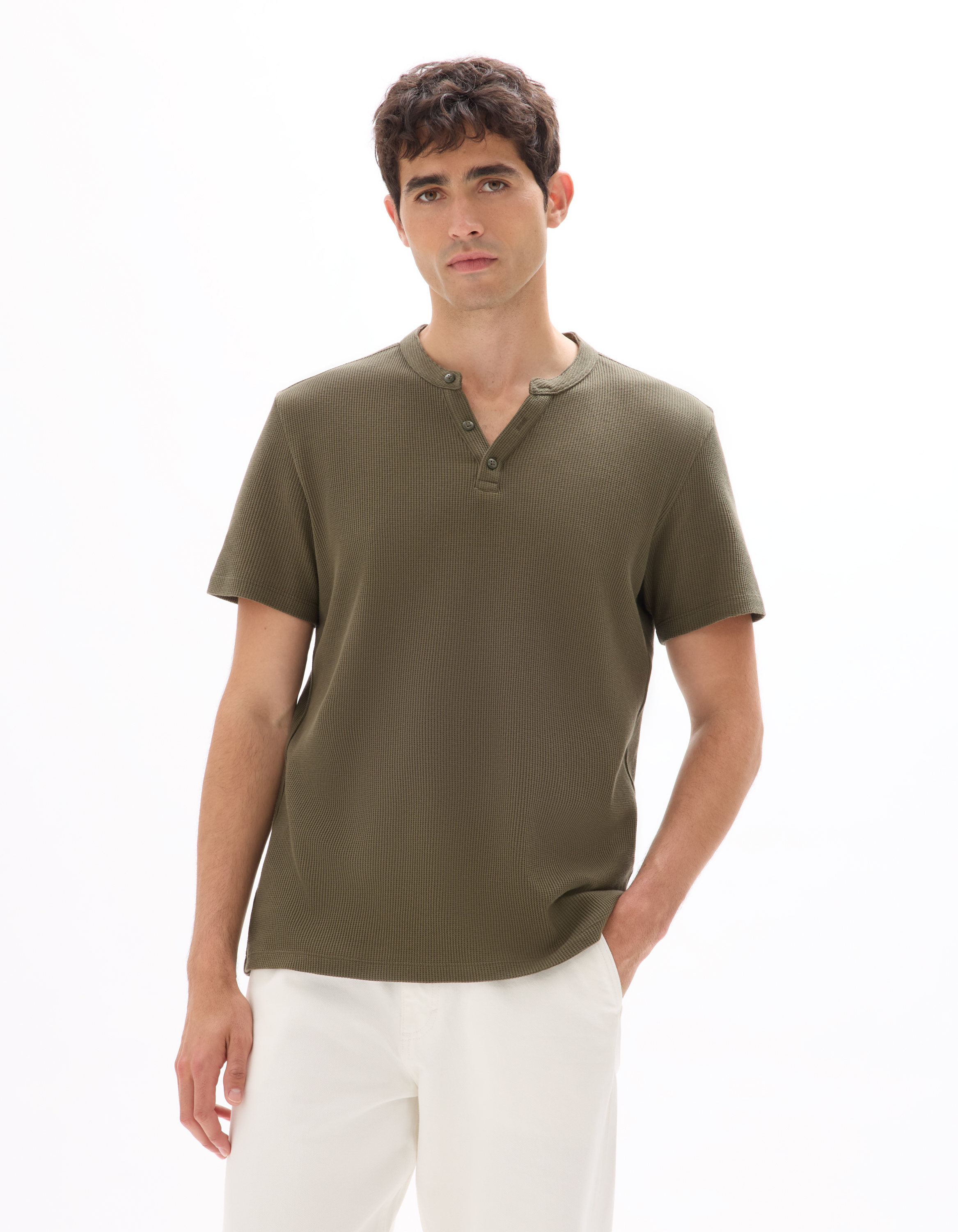 T-shirt regular col Henley gaufré 100% coton - kaki - camaieu - Modalova