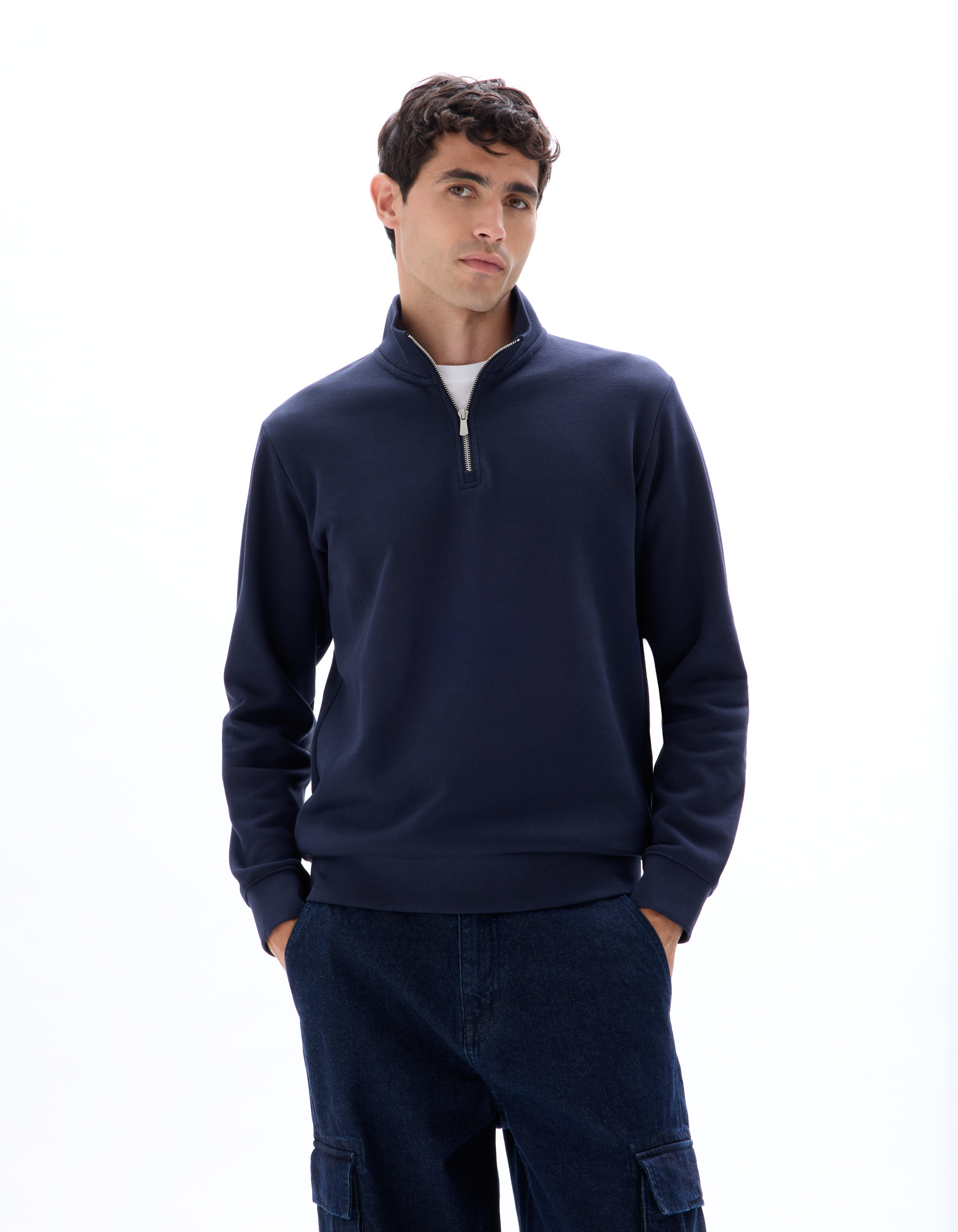 Sweat regular col camionneur uni - marine - camaieu - Modalova