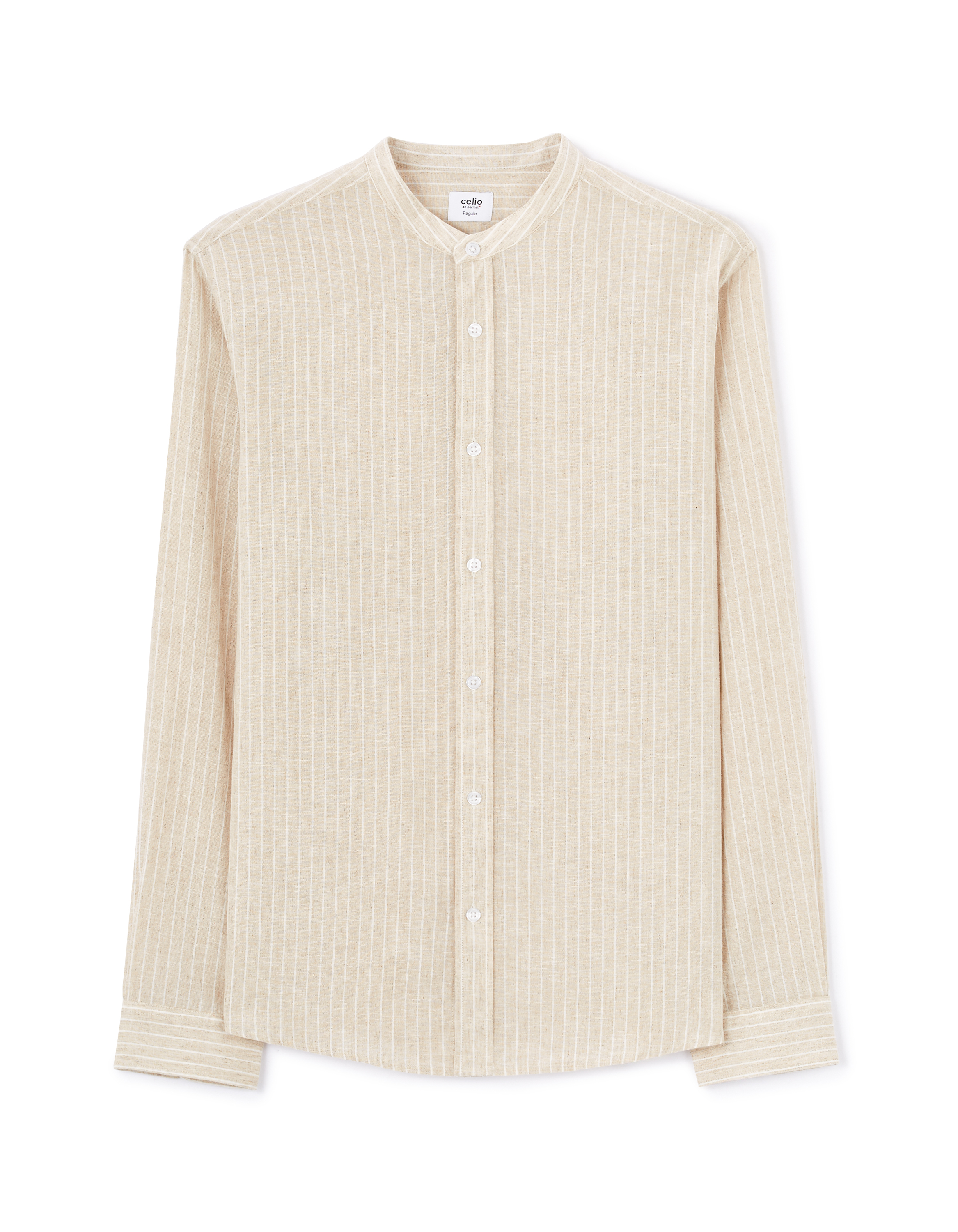 Chemise regular rayé col mao en lin et coton - naturel