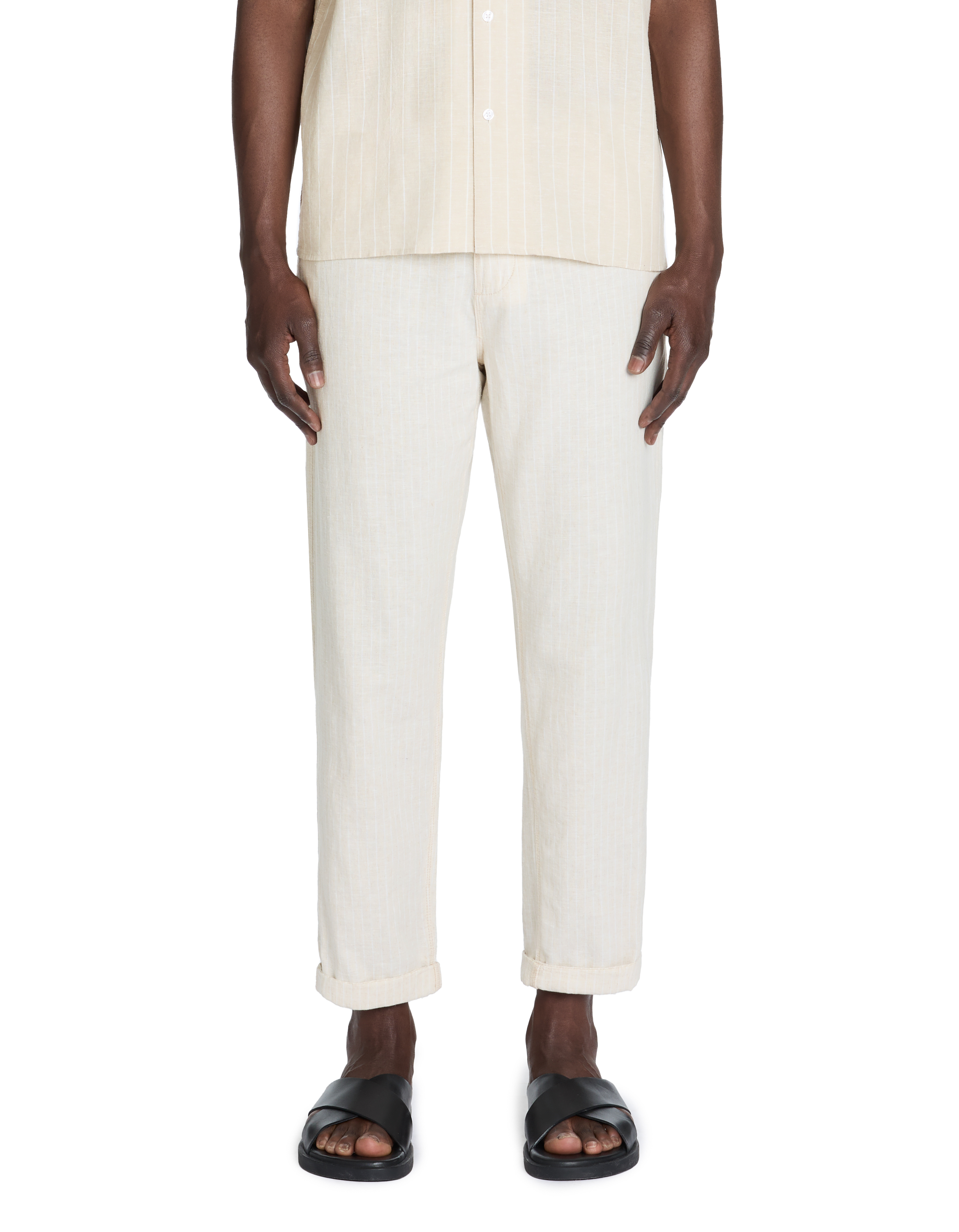 Pantalon straight rayé en lin et coton - beige - camaieu - Modalova