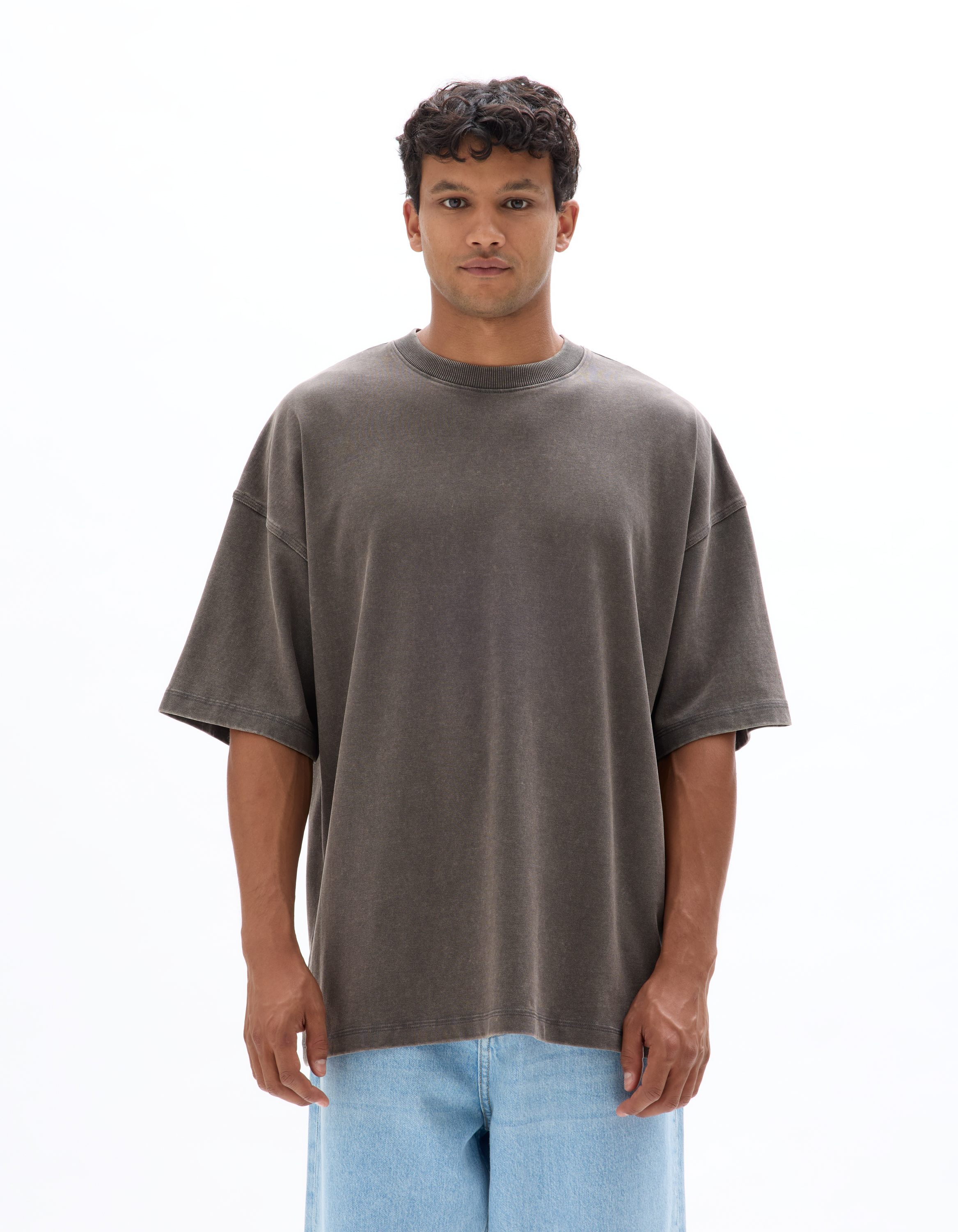 T-shirt oversize col rond 100% coton délavé et reliéfé - camaieu - Modalova