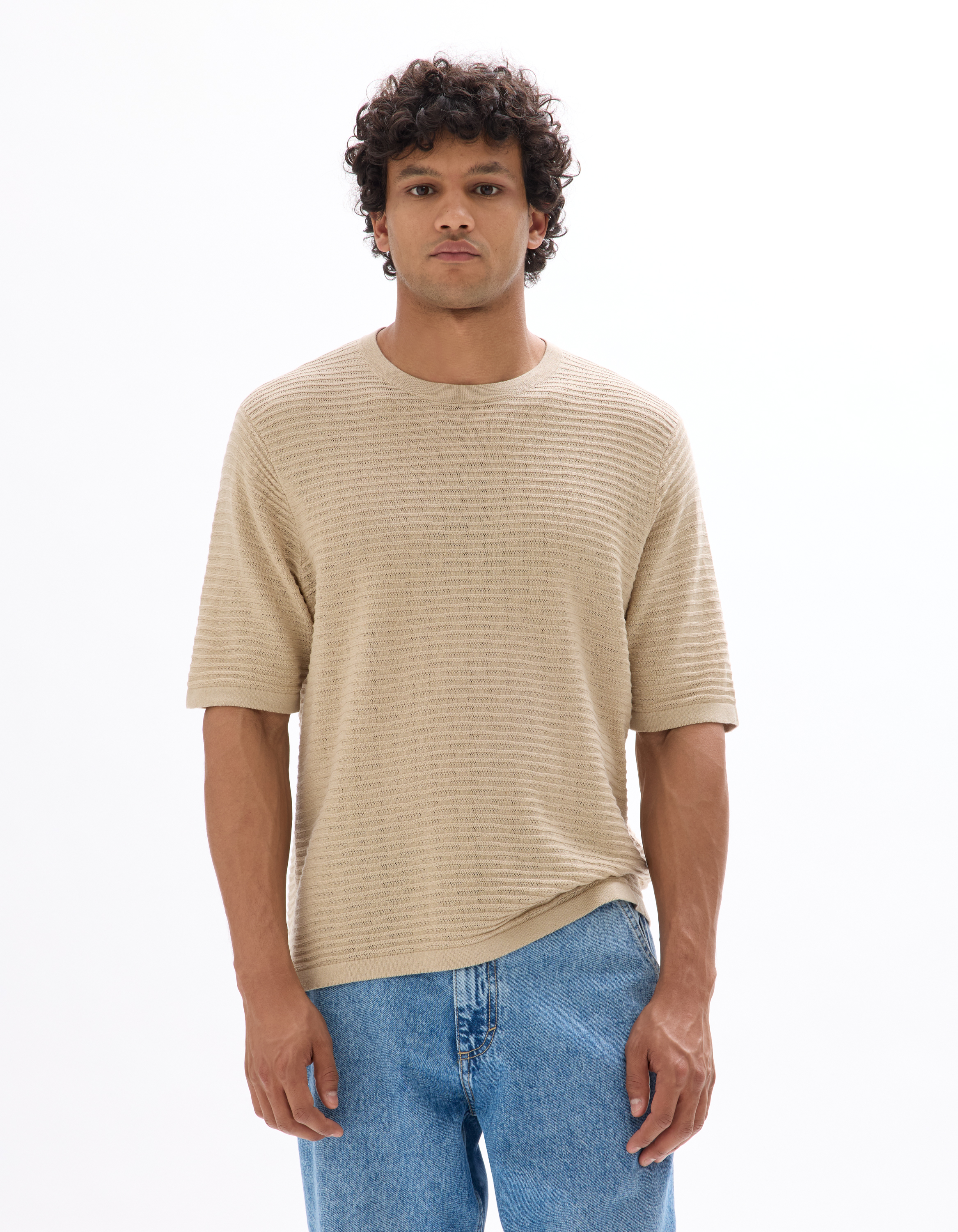 T-shirt boxy col rond en maille ajourée - sand - camaieu - Modalova