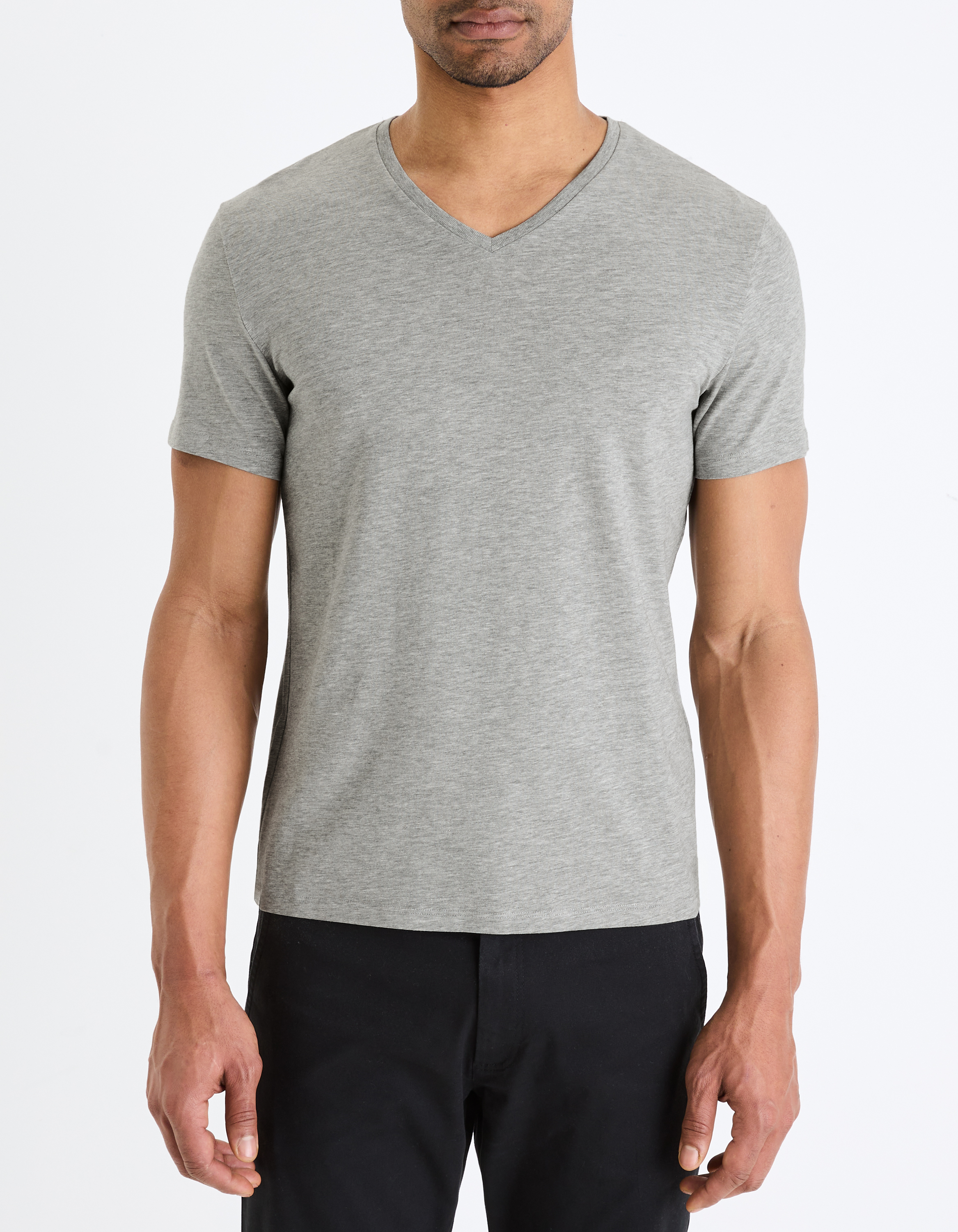 T-shirt slim col V en coton stretch - gris chiné - camaieu - Modalova