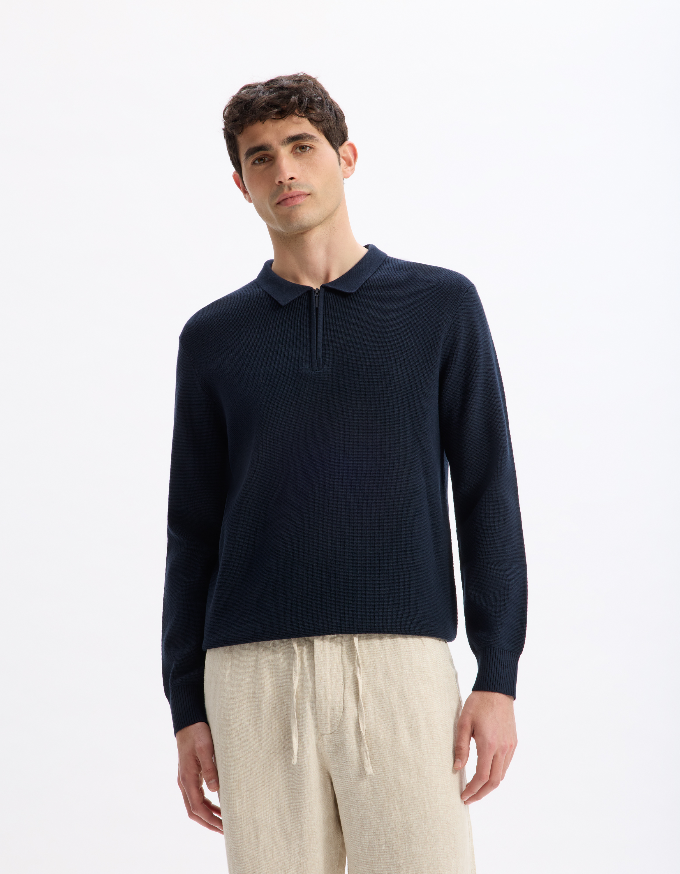 Pull col polo 100% coton - marine - camaieu - Modalova