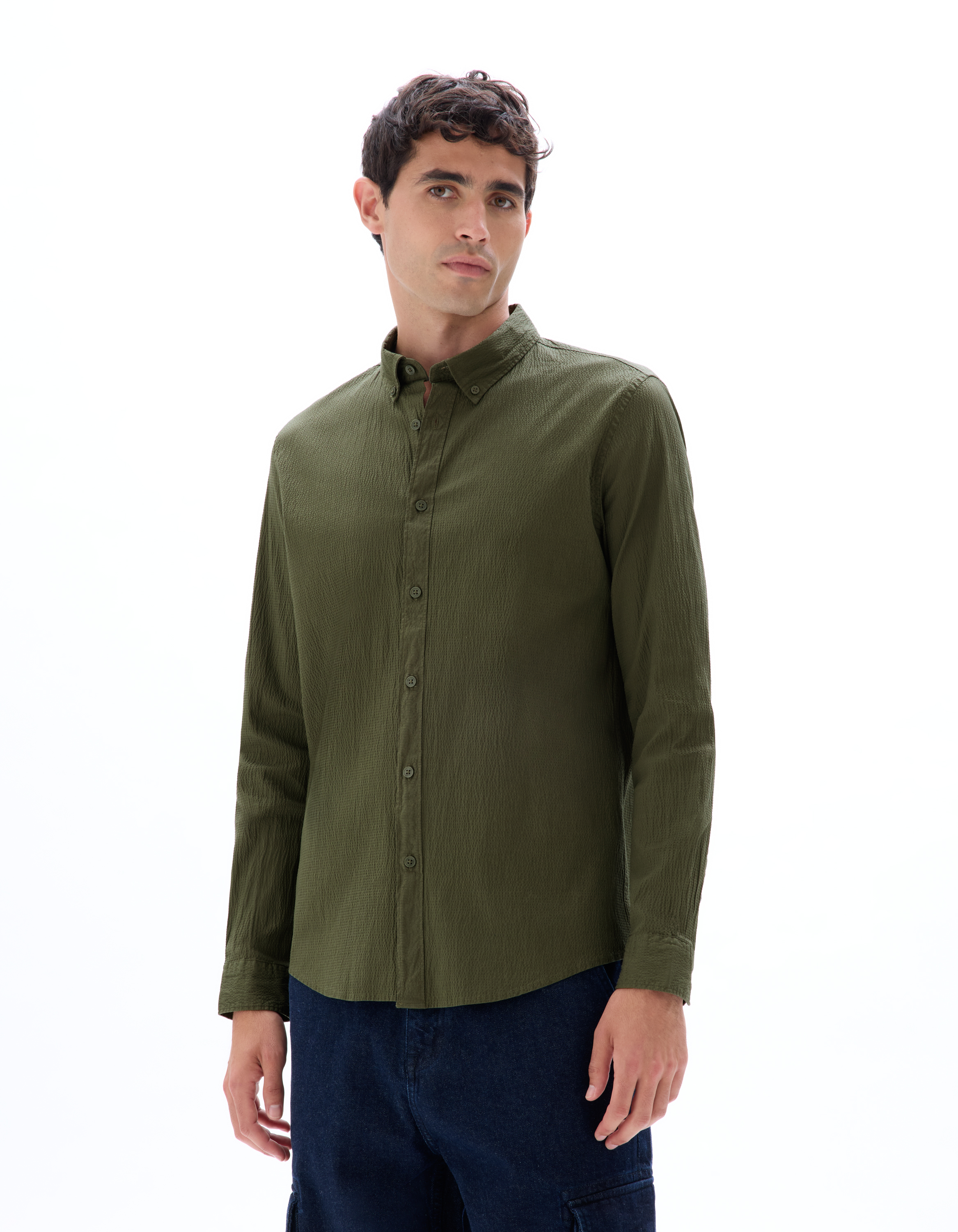 Chemise regular en seersucker - kaki - camaieu - Modalova