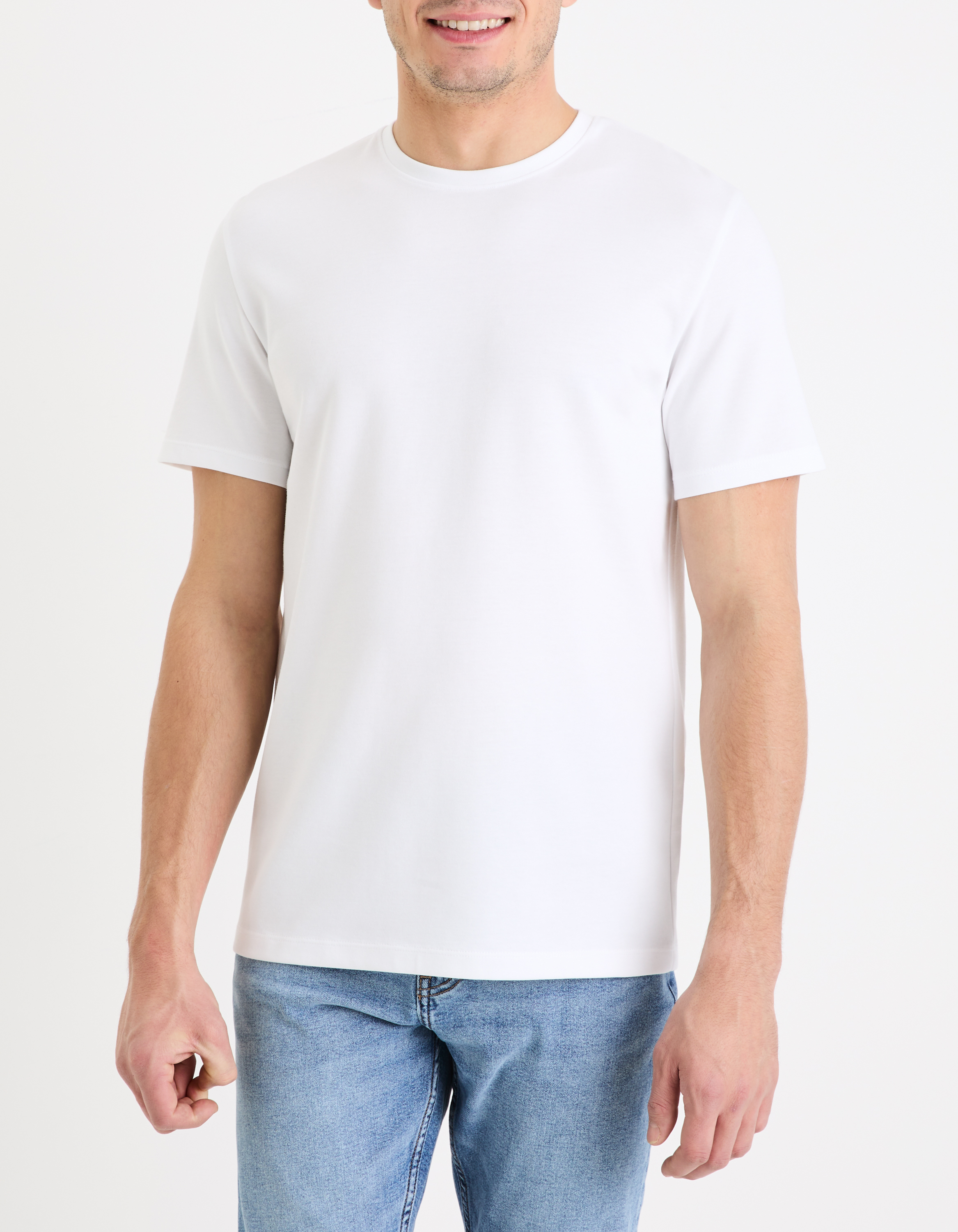 T-shirt straight col rond coton mélangé - camaieu - Modalova