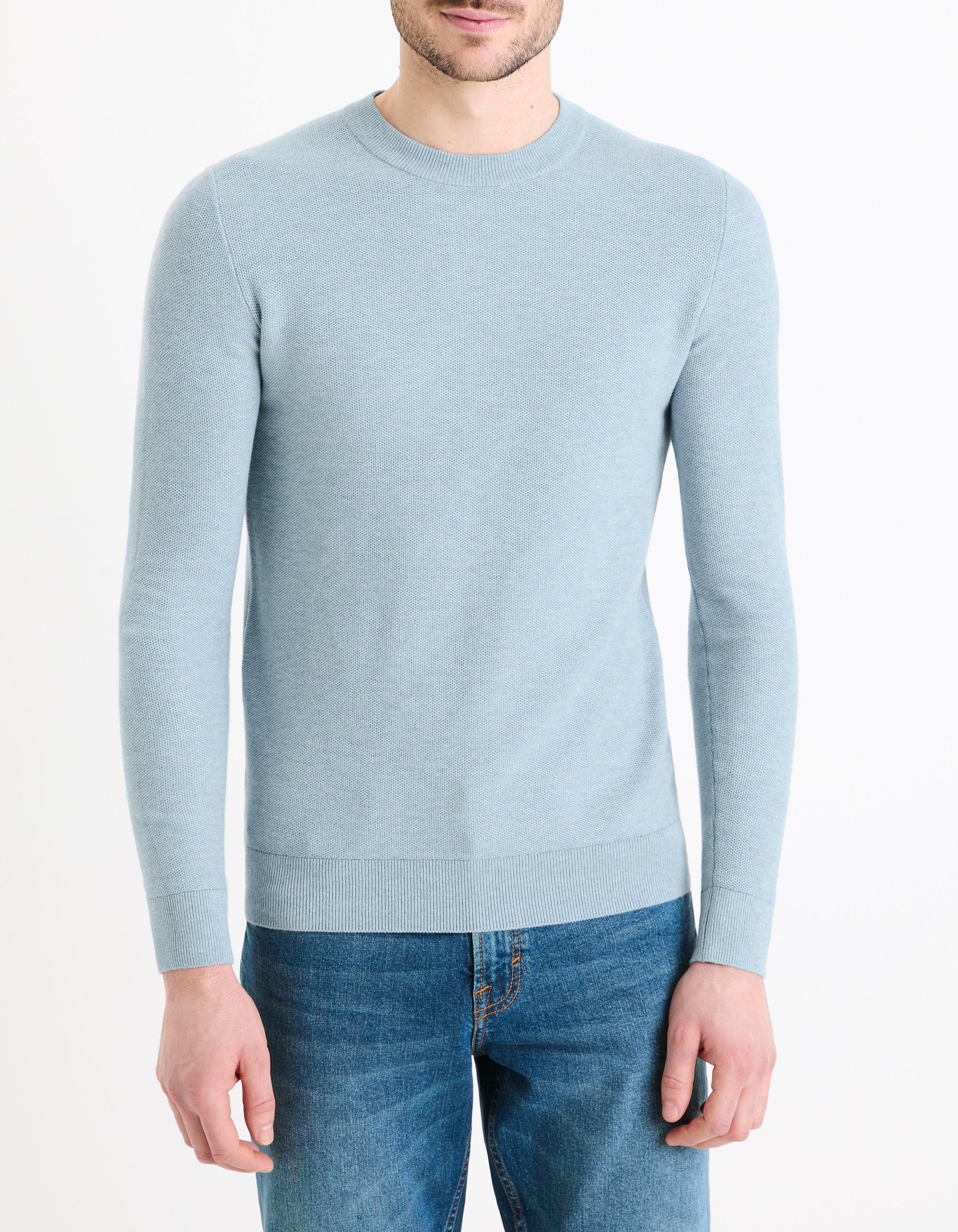 Pull à col rond en coton - bleu - camaieu - Modalova