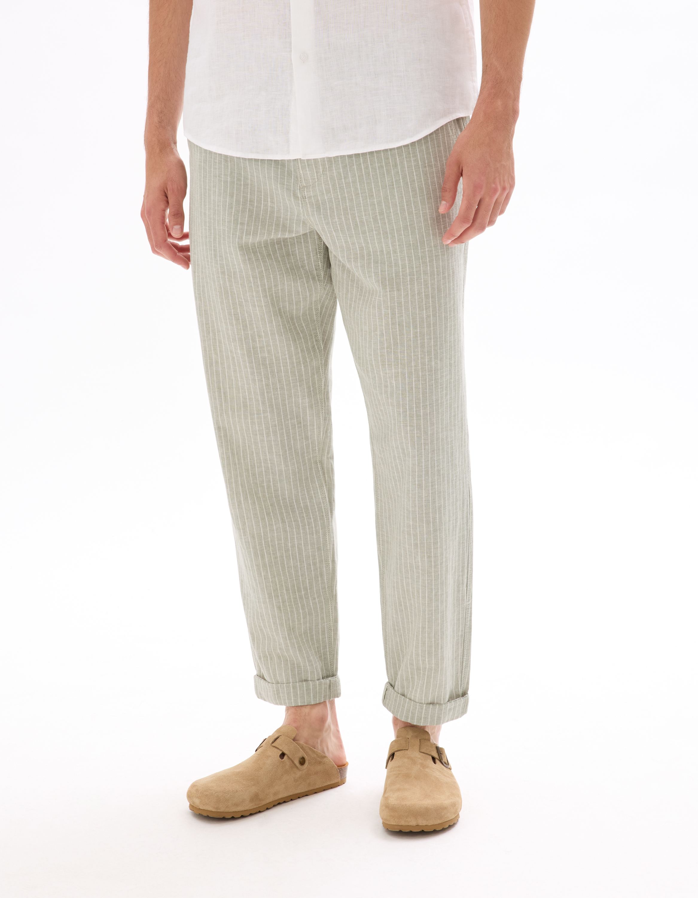 Pantalon straight rayé en lin et coton - sauge - camaieu - Modalova