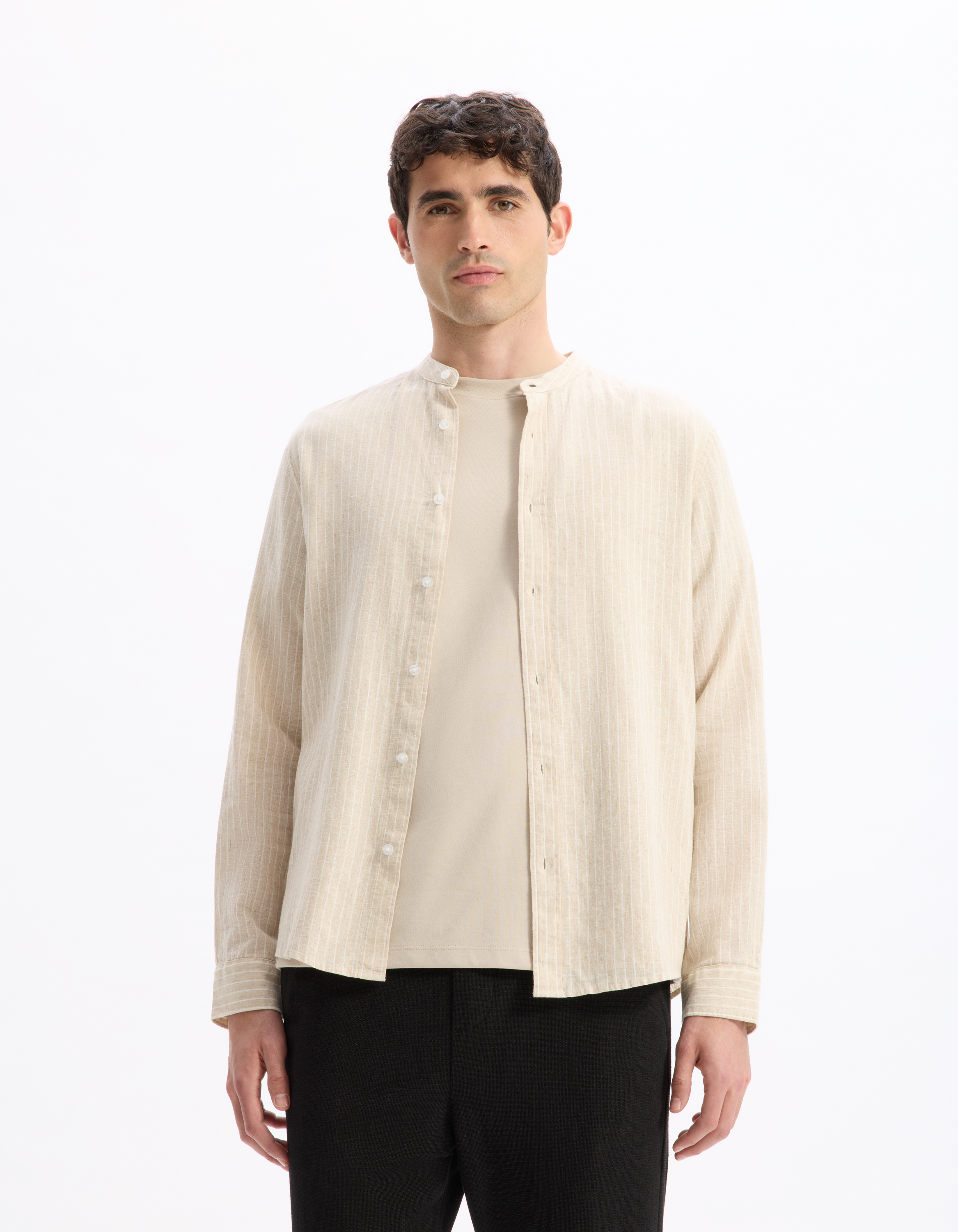 Chemise regular rayé col mao en lin et coton - naturel - camaieu - Modalova