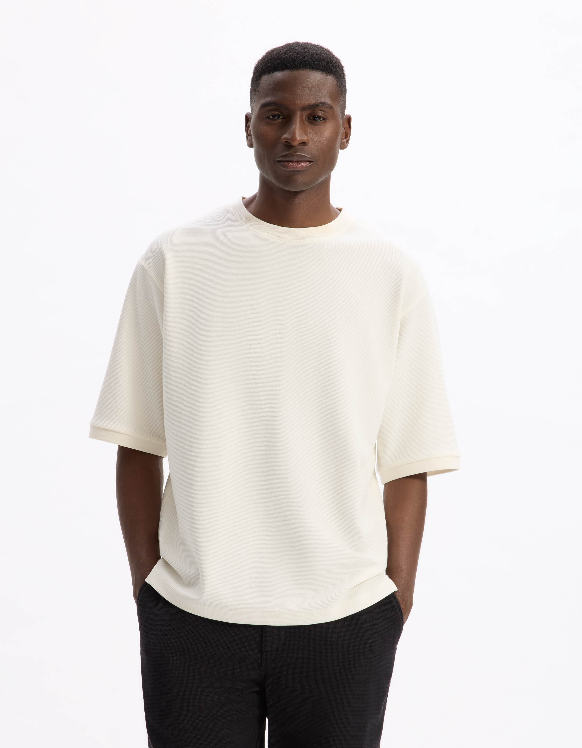 T-shirt oversize col rond coton mélangé - beige - camaieu - Modalova